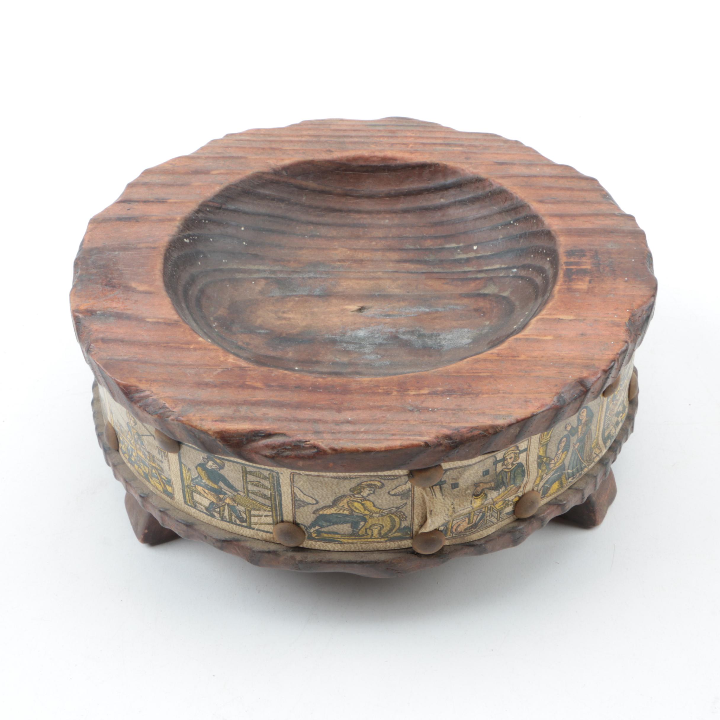 Vintage Spanish Wooden Ash Receiver with a Carpentry Scene Accent