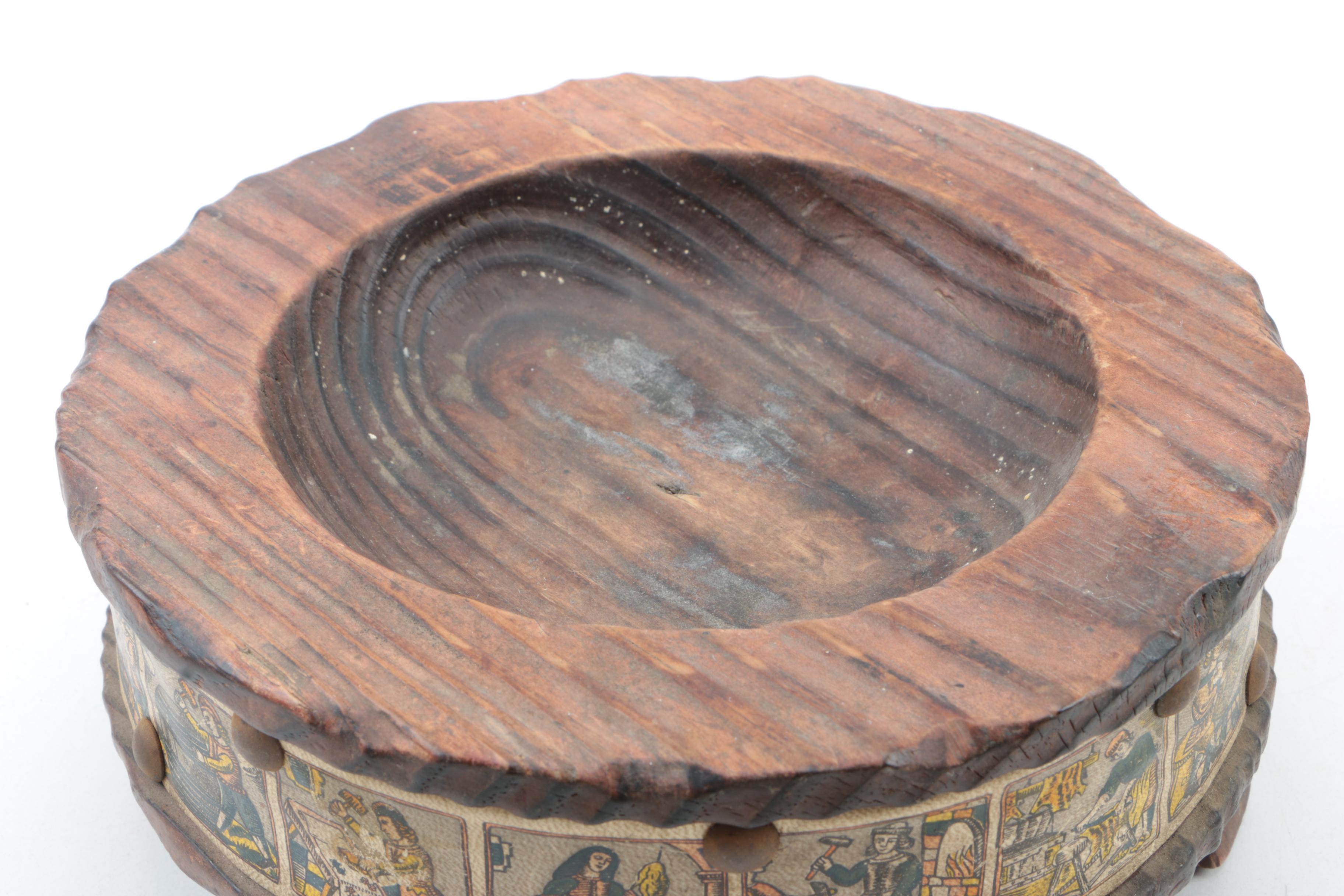 Vintage Spanish Wooden Ash Receiver with a Carpentry Scene Accent