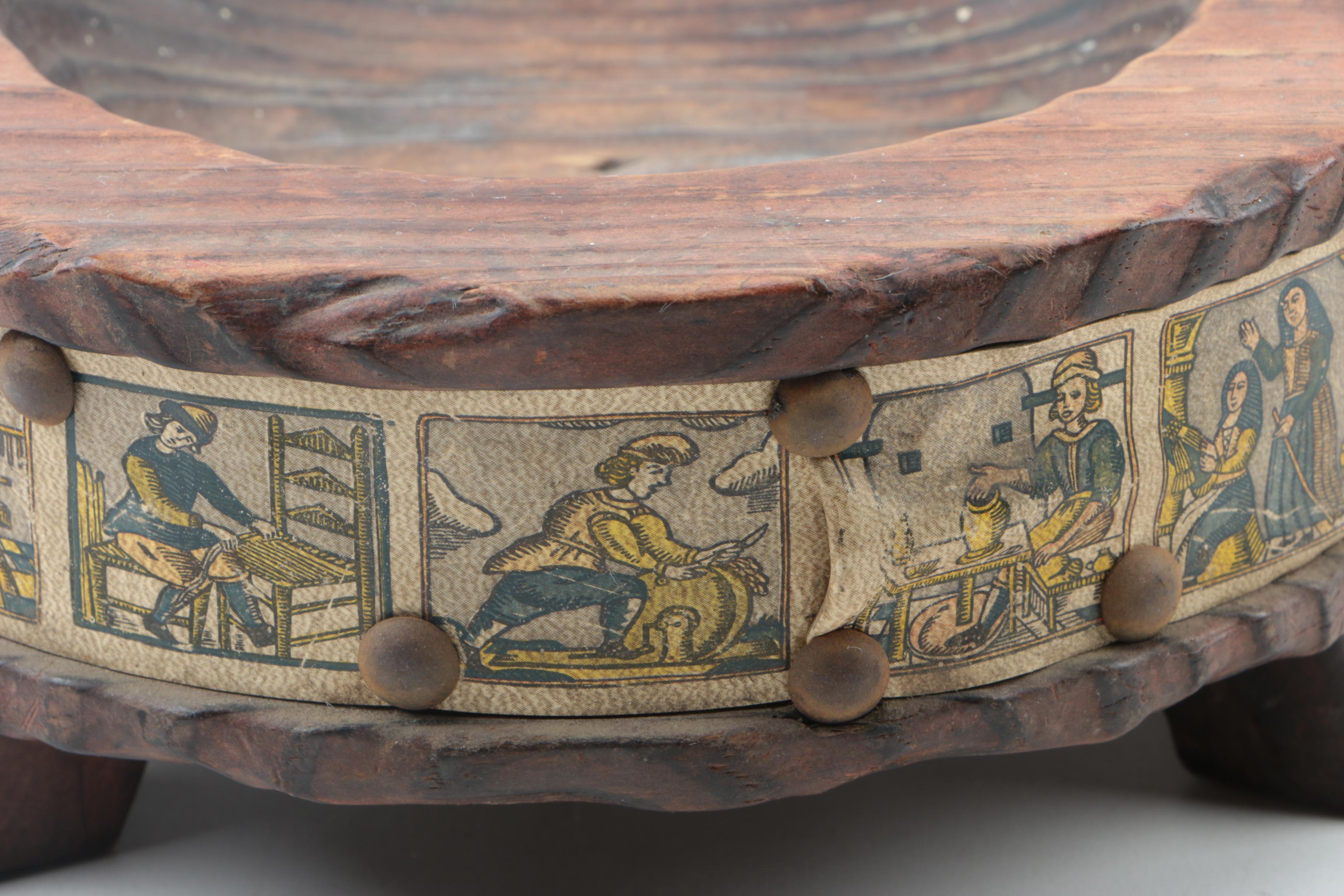 Vintage Spanish Wooden Ash Receiver with a Carpentry Scene Accent