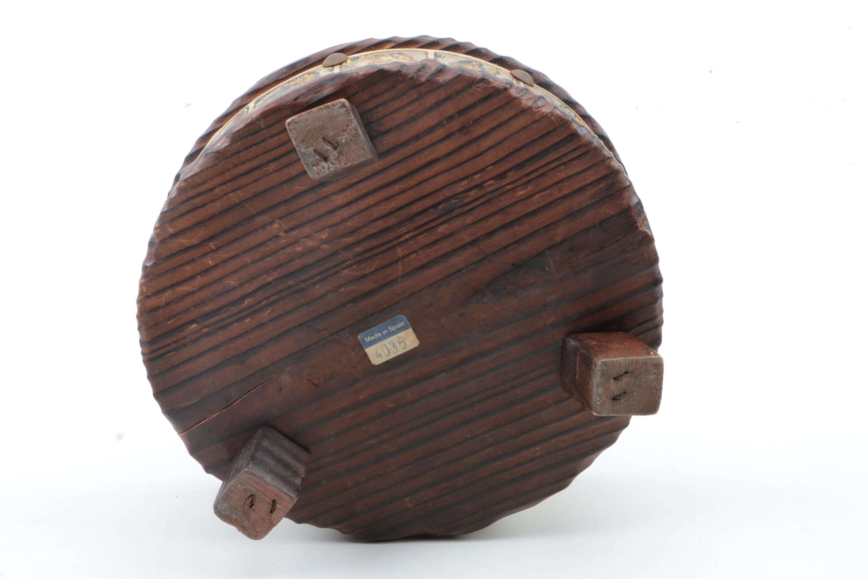 Vintage Spanish Wooden Ash Receiver with a Carpentry Scene Accent