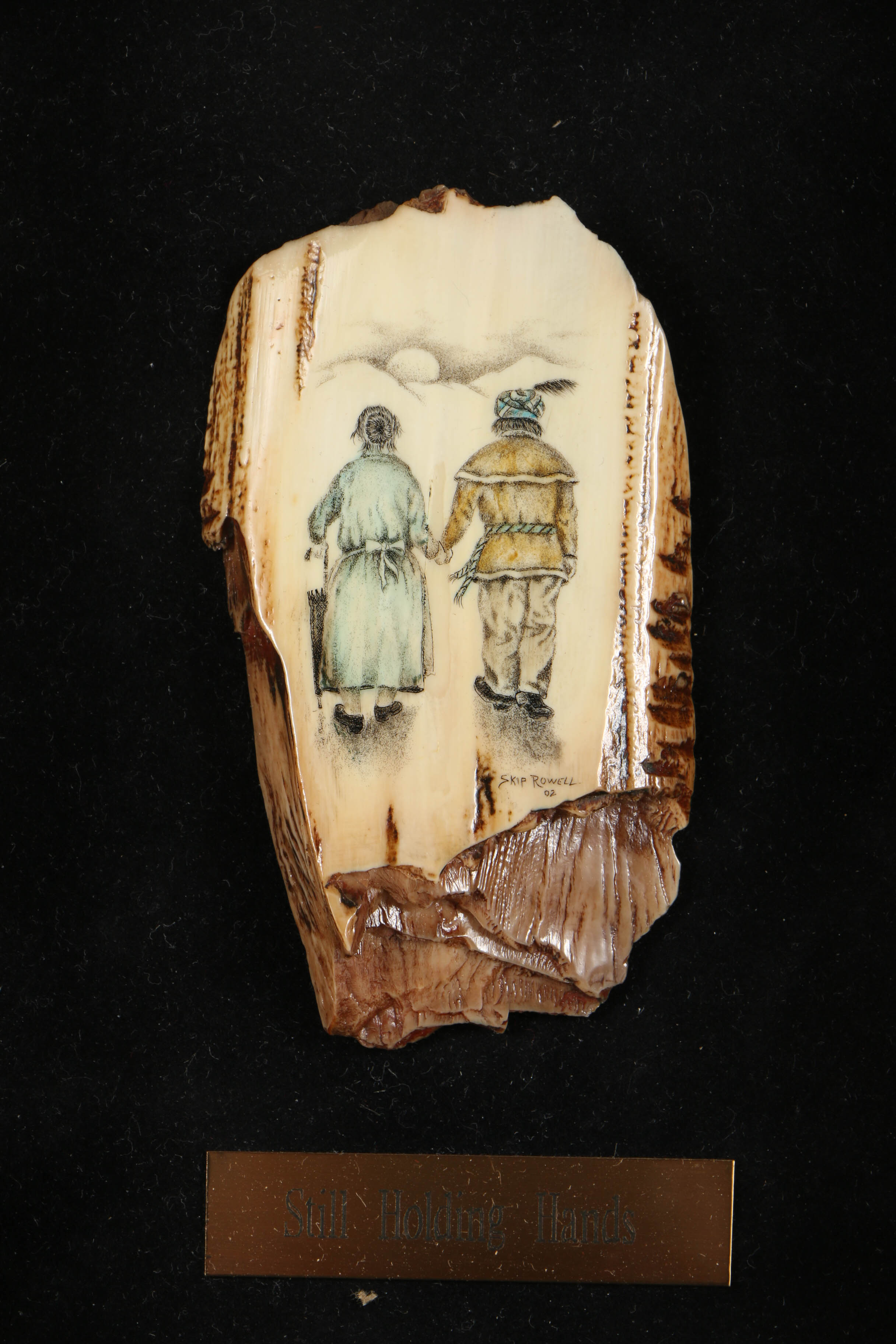Skip Rowell Etching and Painting on Mammoth Ivory "Still Holding Hands"