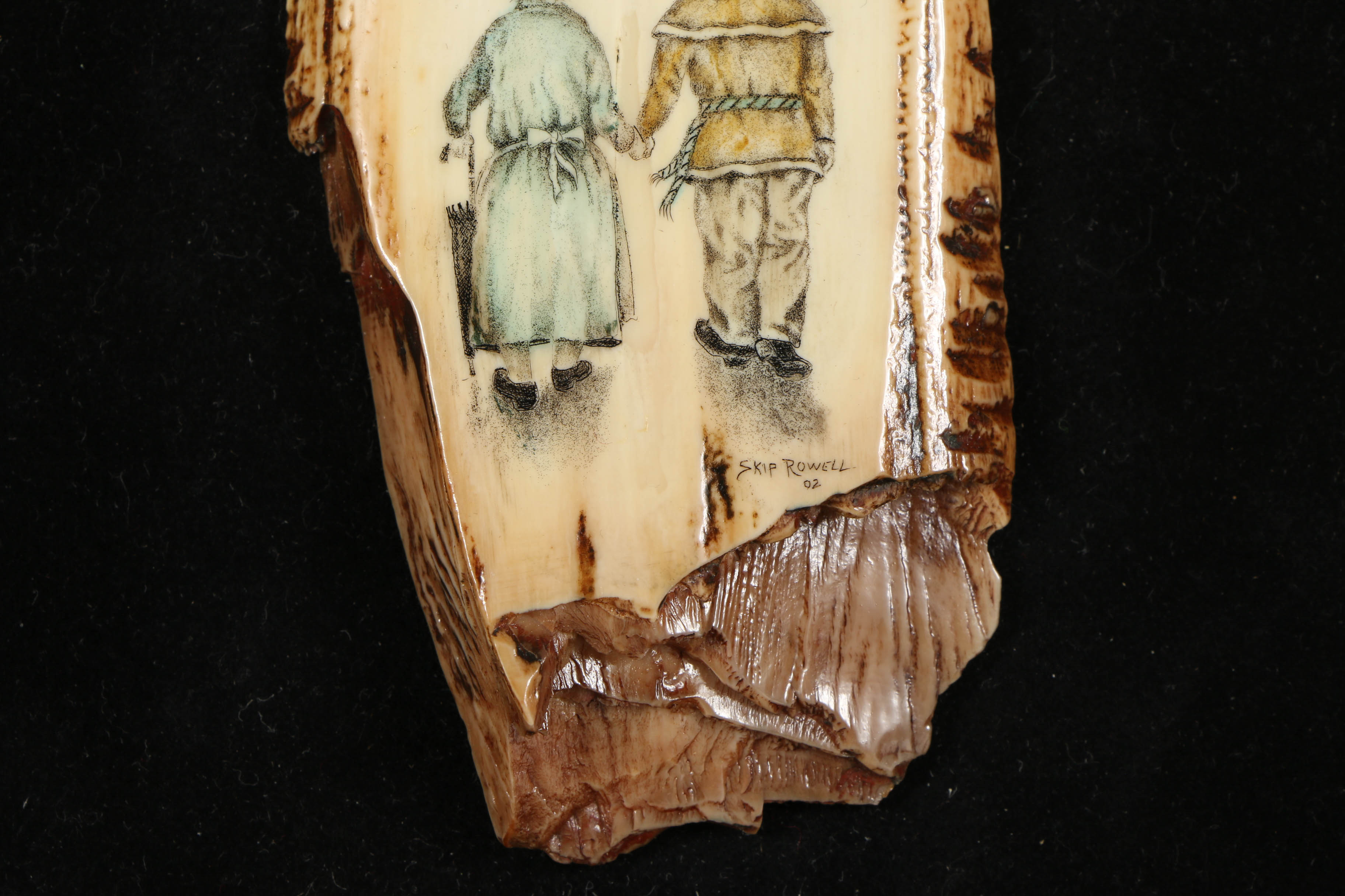 Skip Rowell Etching and Painting on Mammoth Ivory "Still Holding Hands"