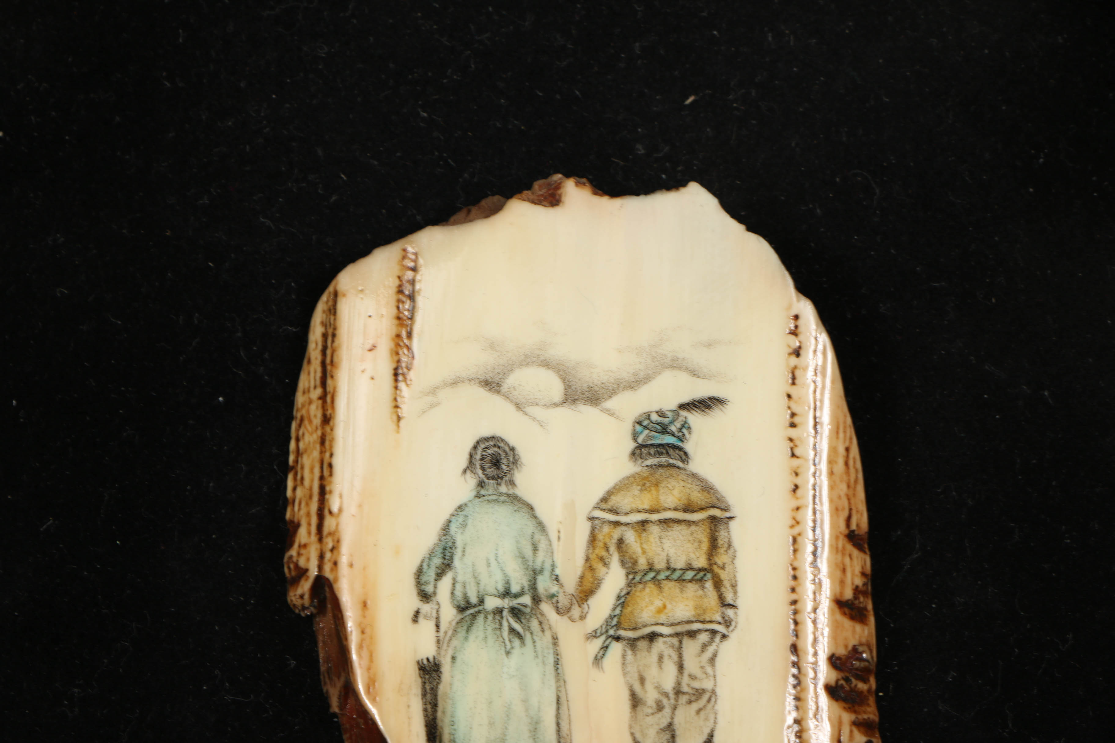 Skip Rowell Etching and Painting on Mammoth Ivory "Still Holding Hands"