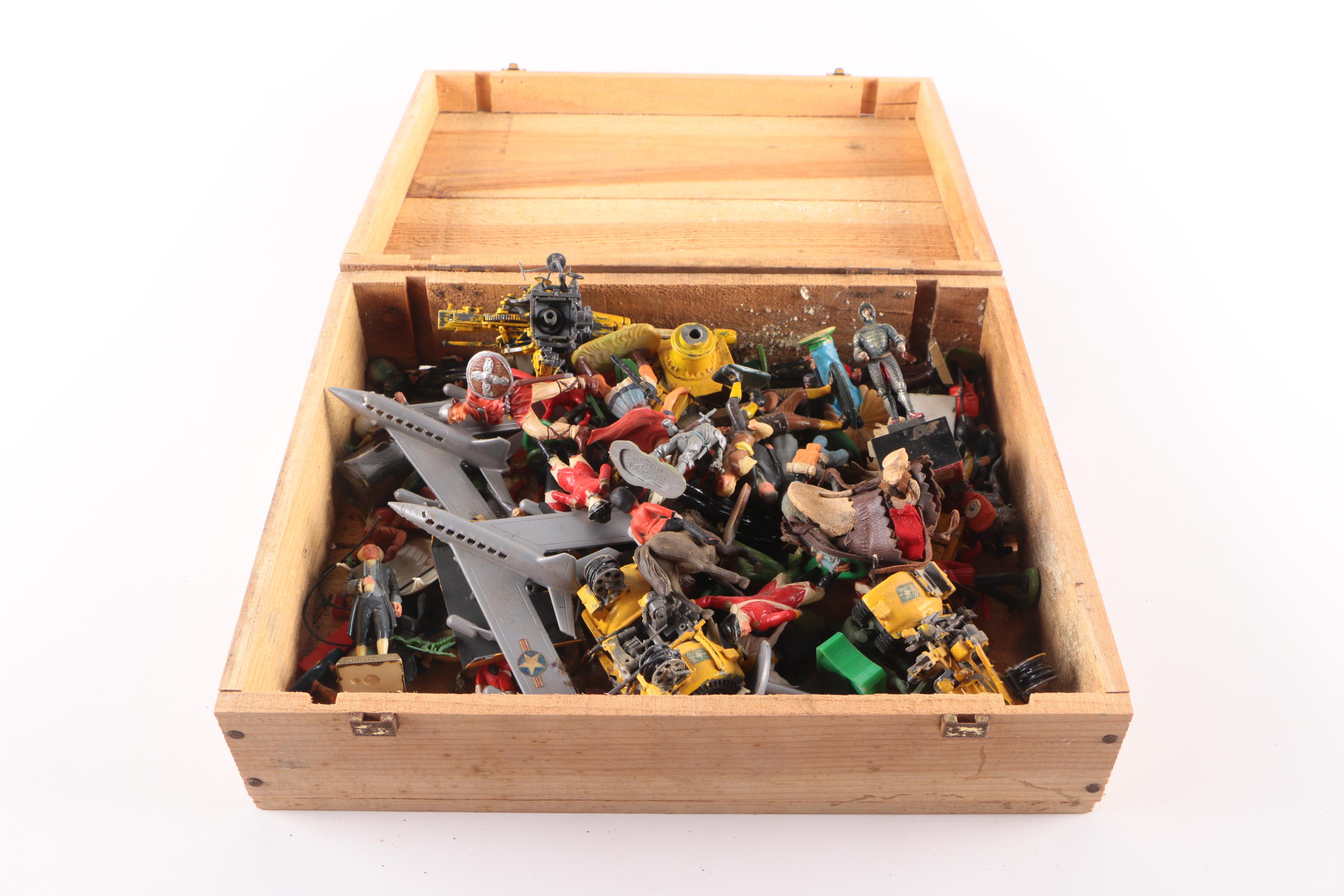 Plastic Figurines and Toys in Wooden Box
