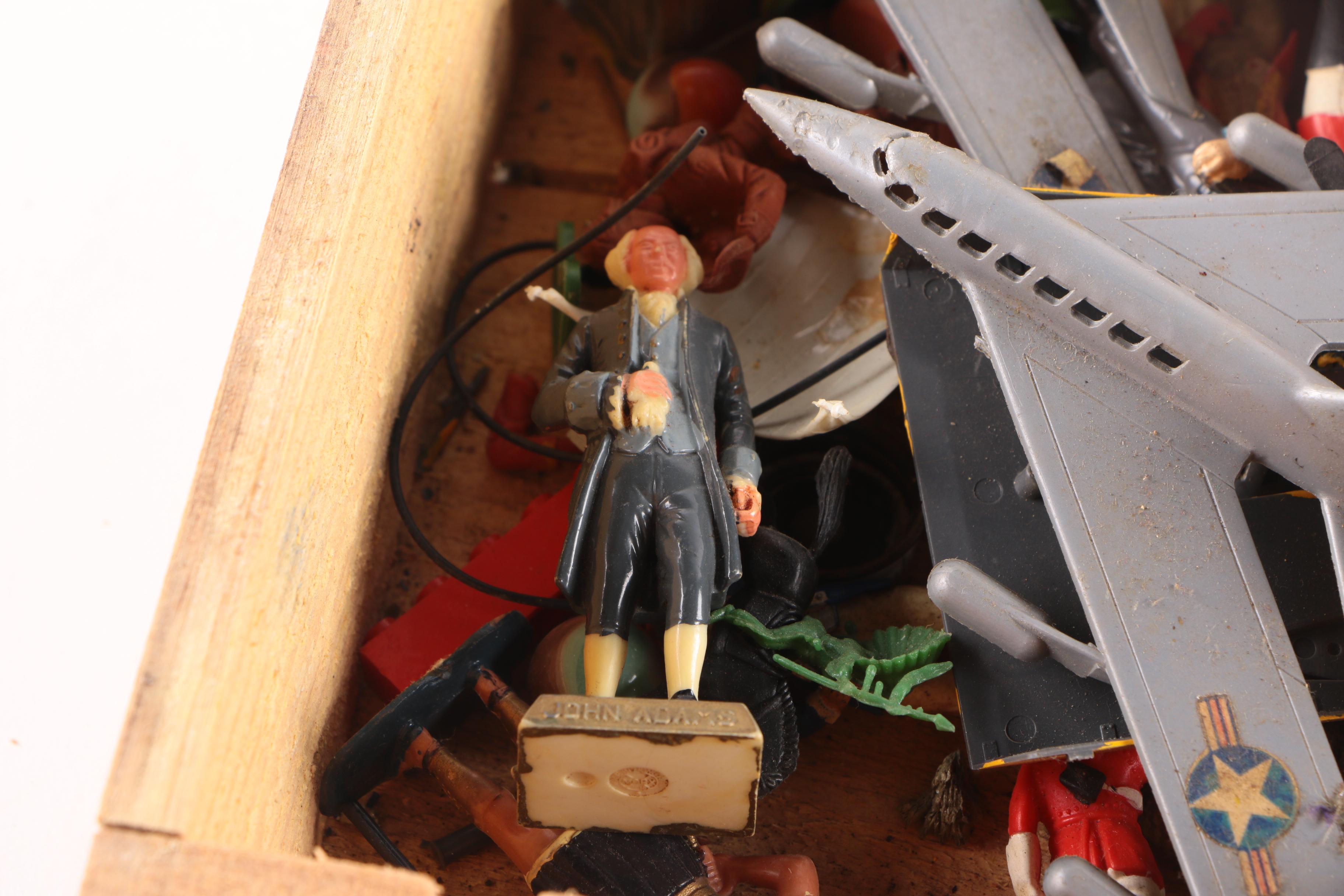 Plastic Figurines and Toys in Wooden Box