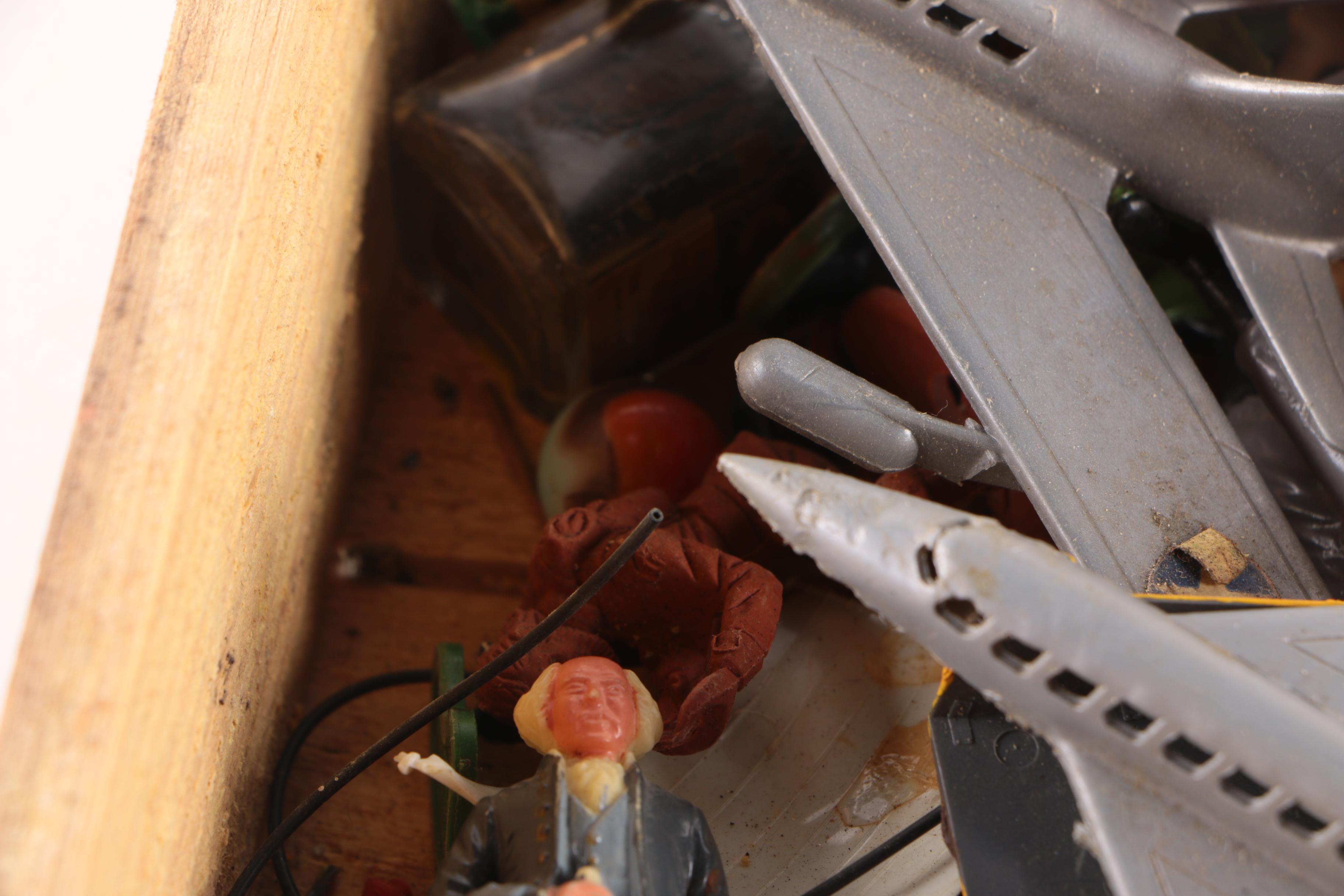 Plastic Figurines and Toys in Wooden Box