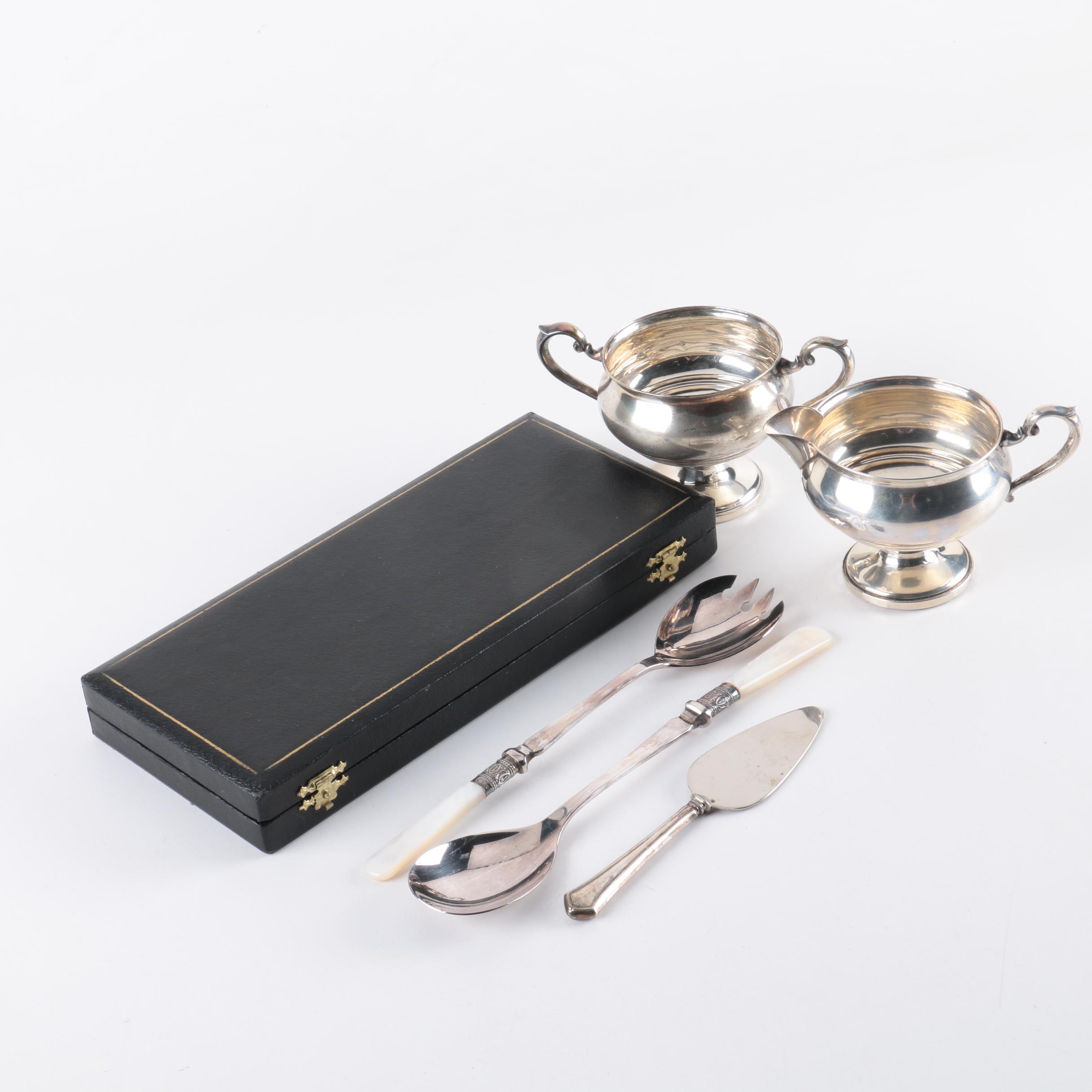 Fisher Weighted Sterling Creamer and Sugar Bowl with Serving Utensils