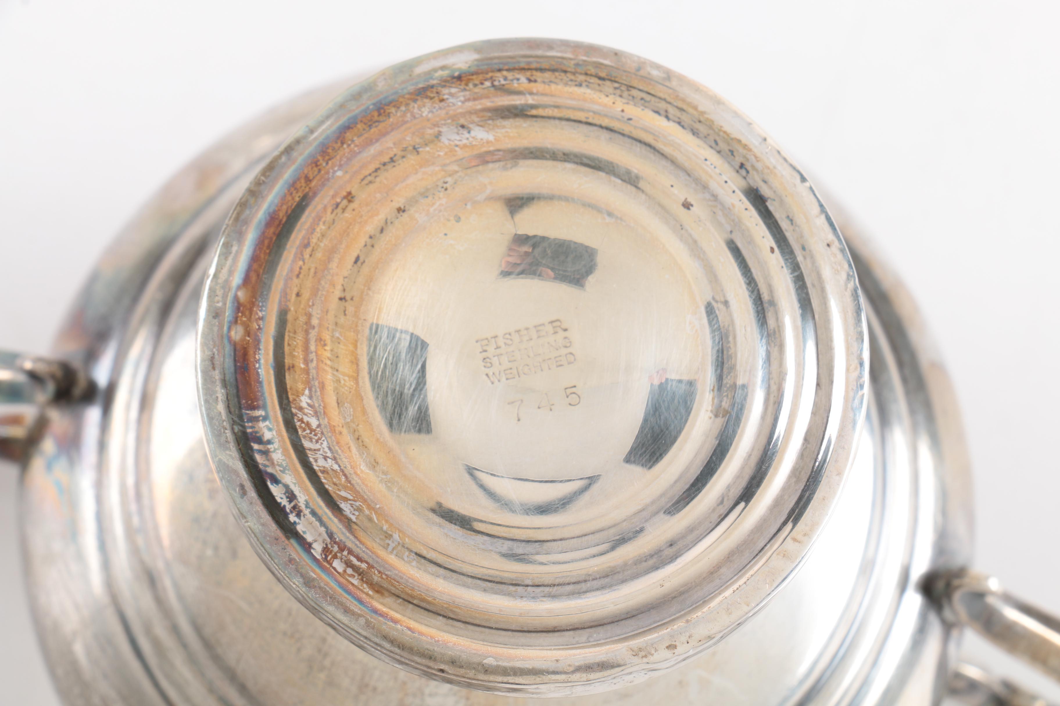 Fisher Weighted Sterling Creamer and Sugar Bowl with Serving Utensils