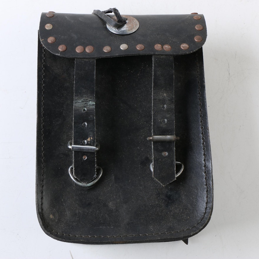 Vintage Black Leather Motorcycle Saddlebag with Silver Tone Concho and Trim