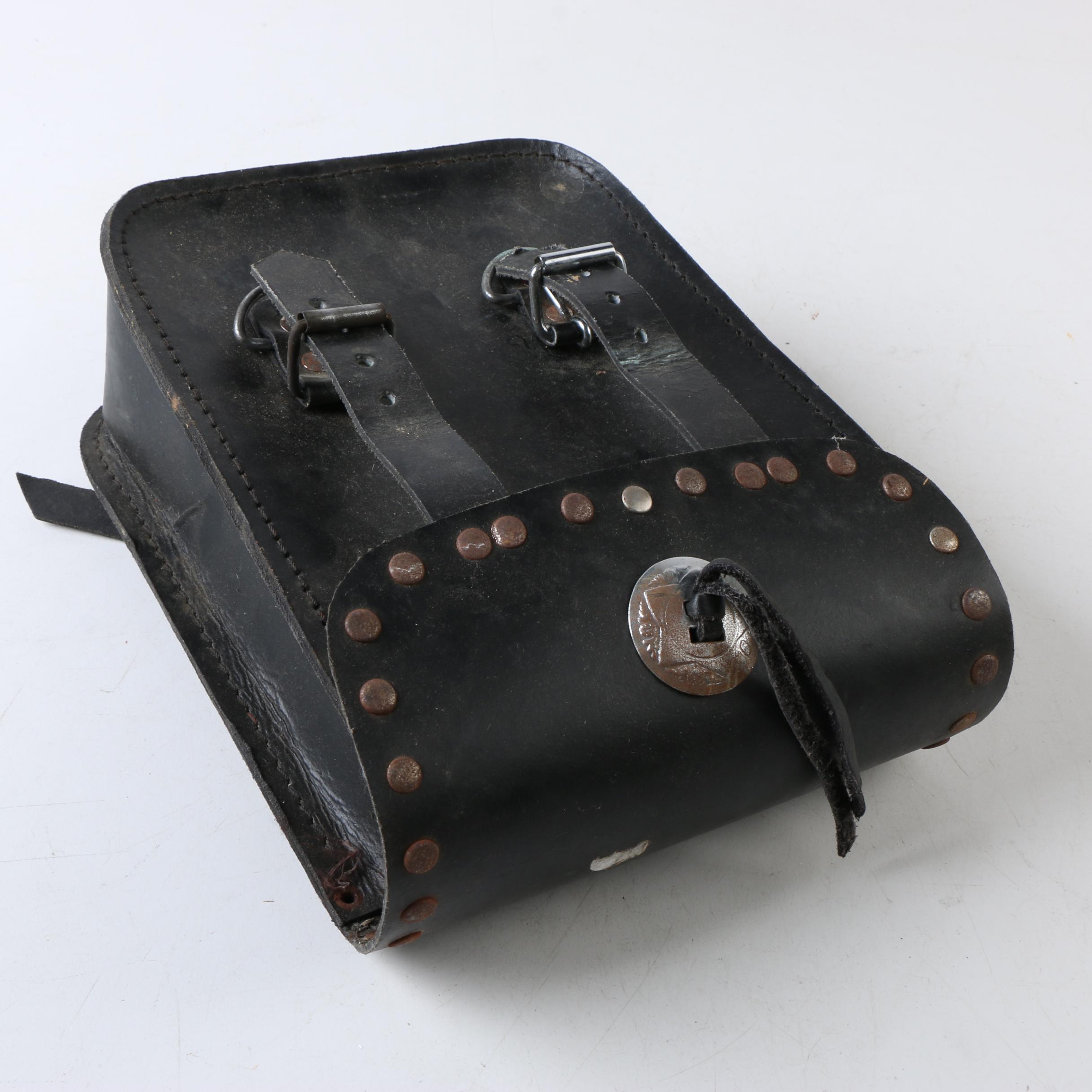 Vintage Black Leather Motorcycle Saddlebag with Silver Tone Concho and Trim