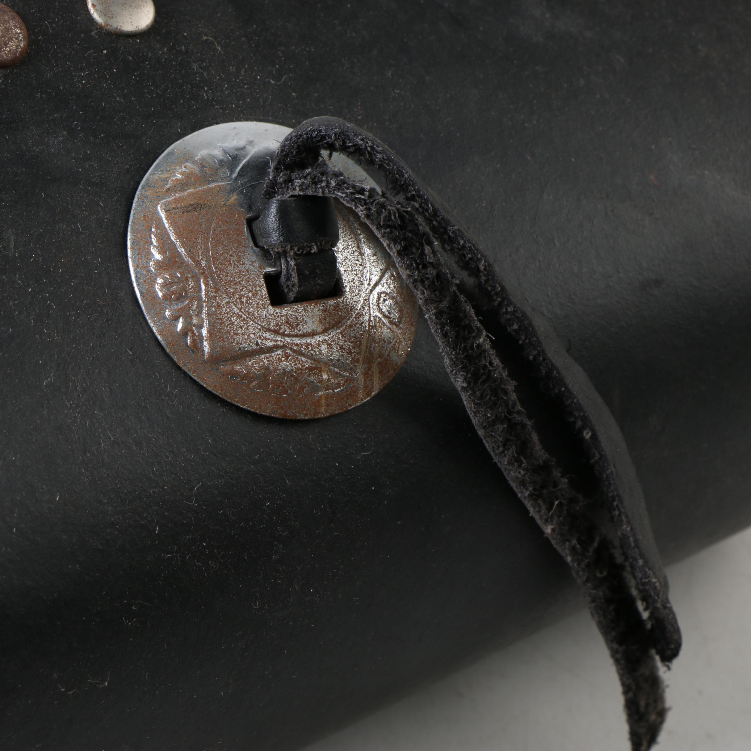 Vintage Black Leather Motorcycle Saddlebag with Silver Tone Concho and Trim
