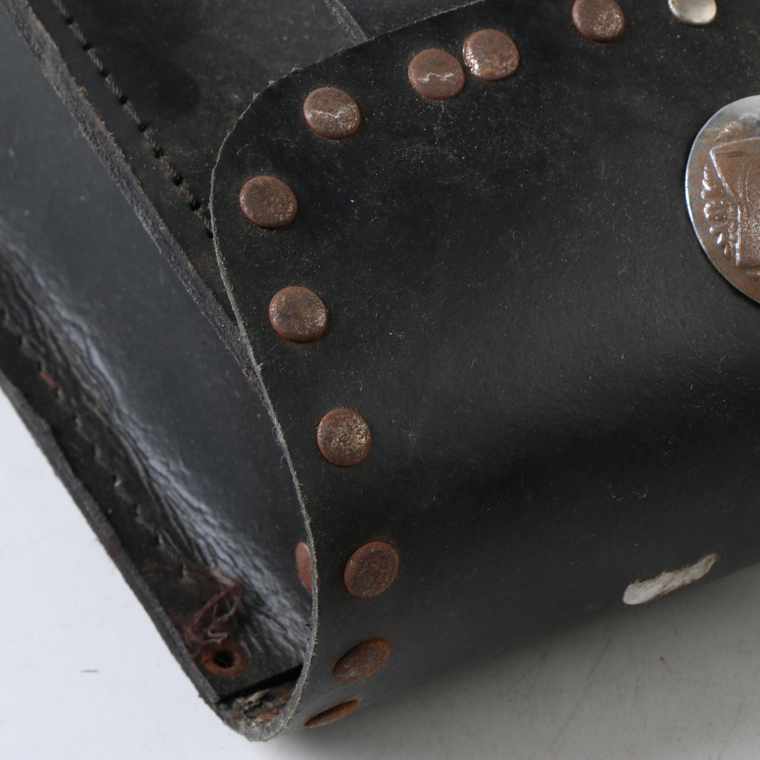 Vintage Black Leather Motorcycle Saddlebag with Silver Tone Concho and Trim