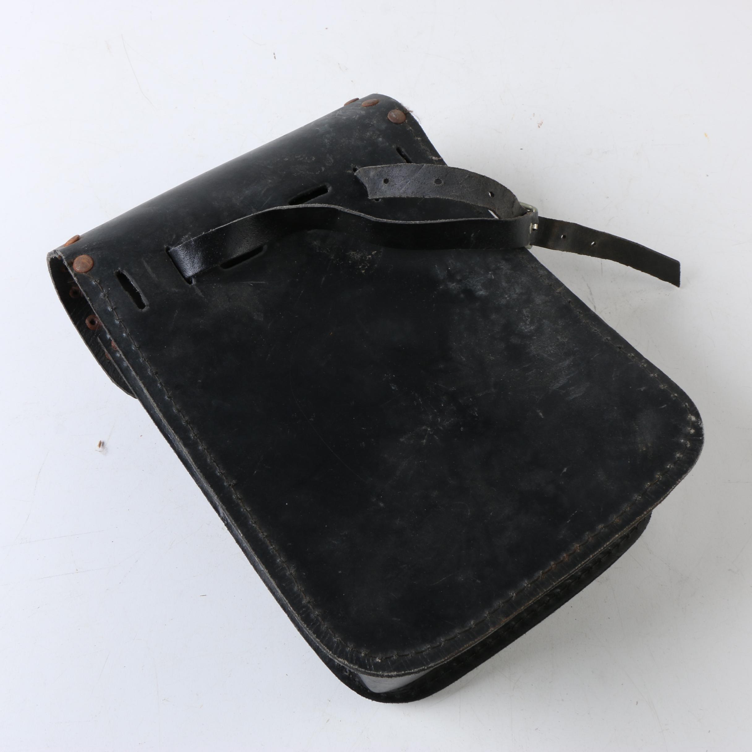 Vintage Black Leather Motorcycle Saddlebag with Silver Tone Concho and Trim