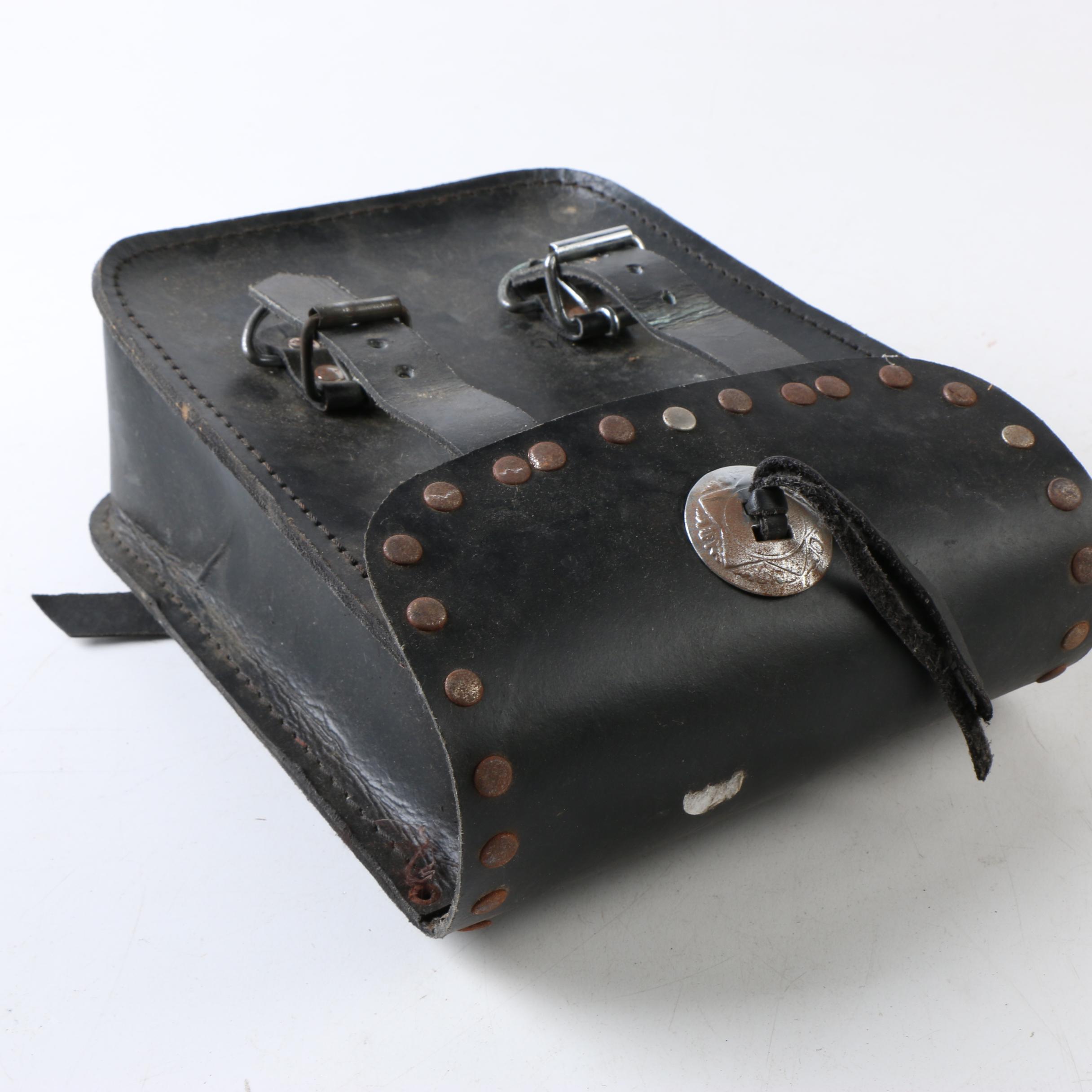 Vintage Black Leather Motorcycle Saddlebag with Silver Tone Concho and Trim
