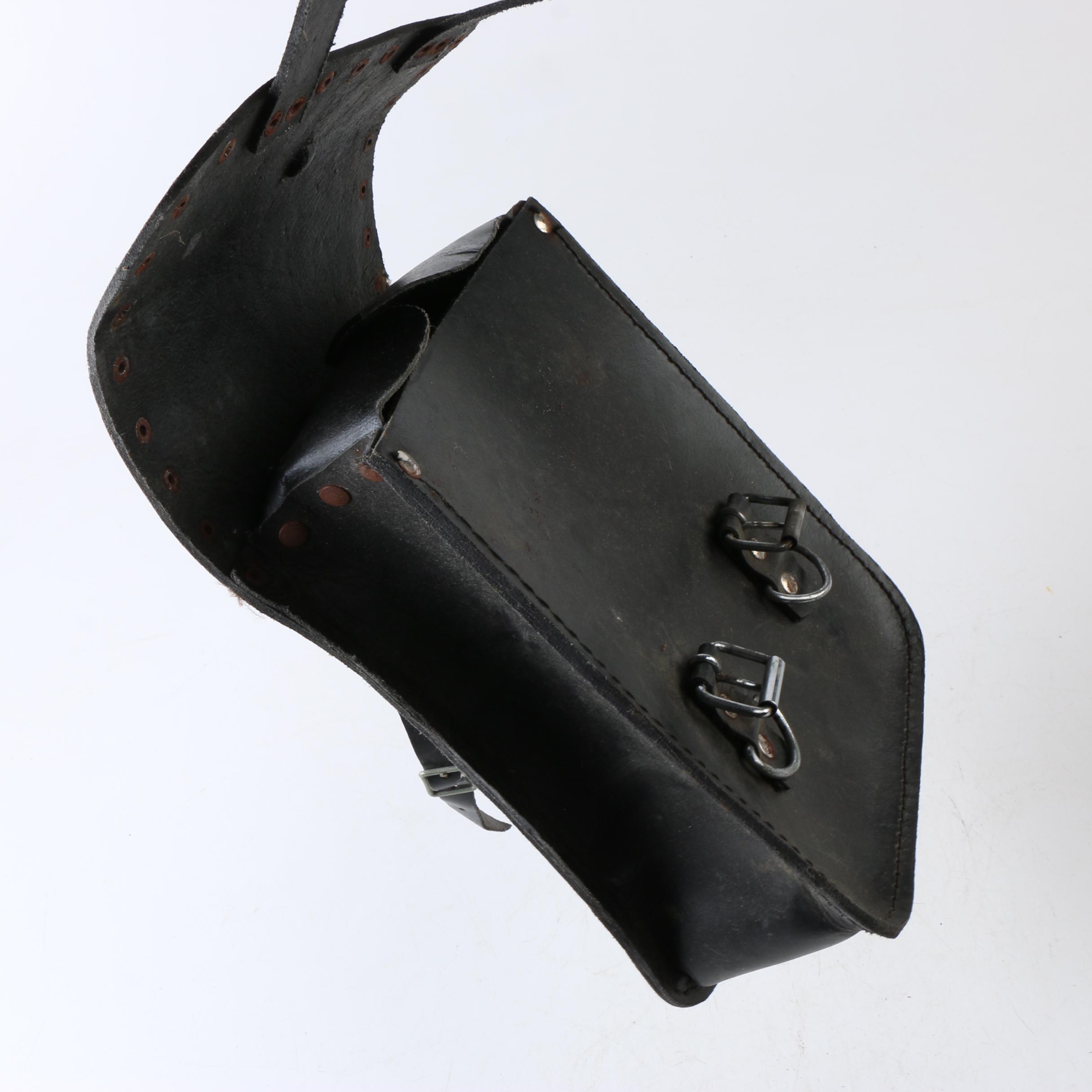 Vintage Black Leather Motorcycle Saddlebag with Silver Tone Concho and Trim