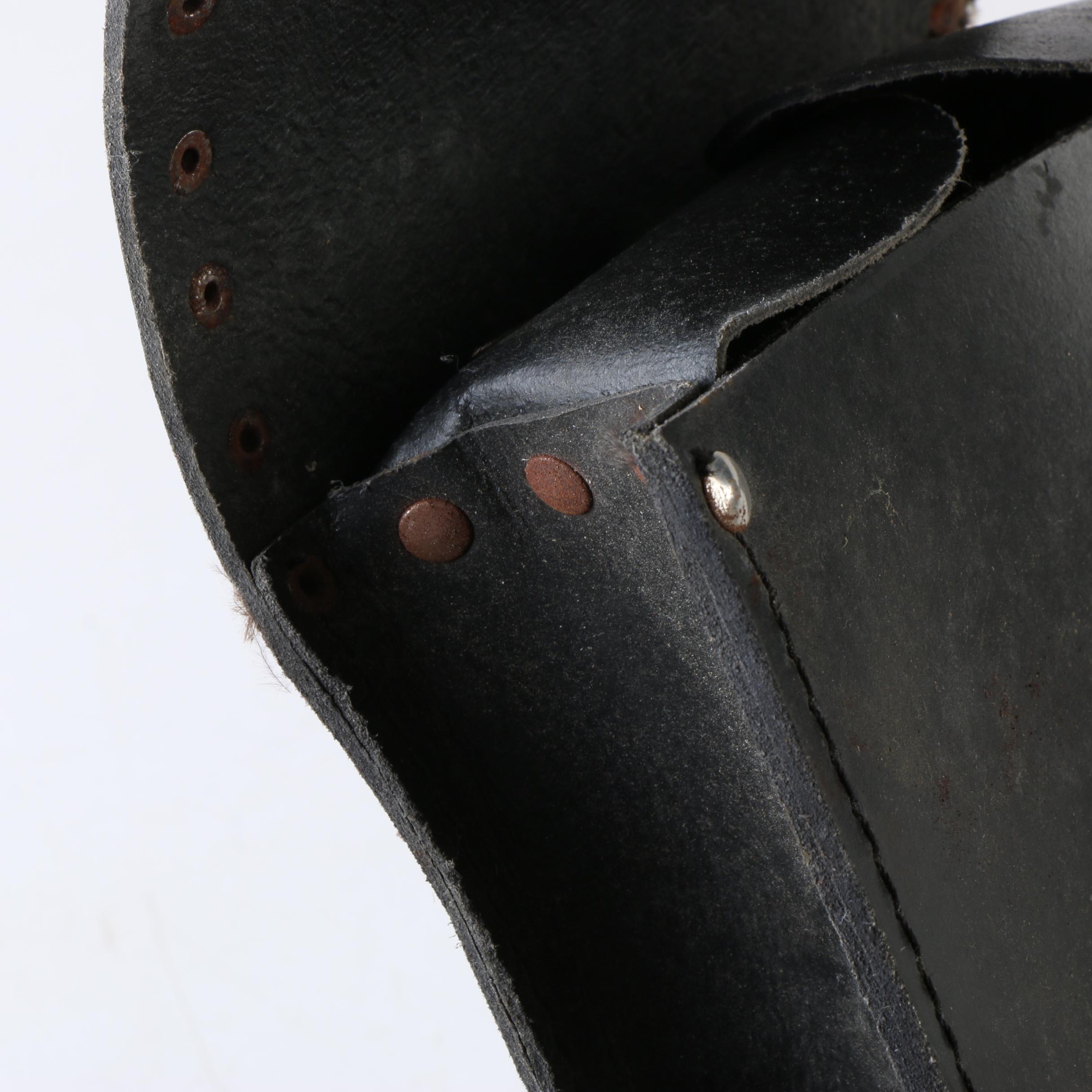 Vintage Black Leather Motorcycle Saddlebag with Silver Tone Concho and Trim