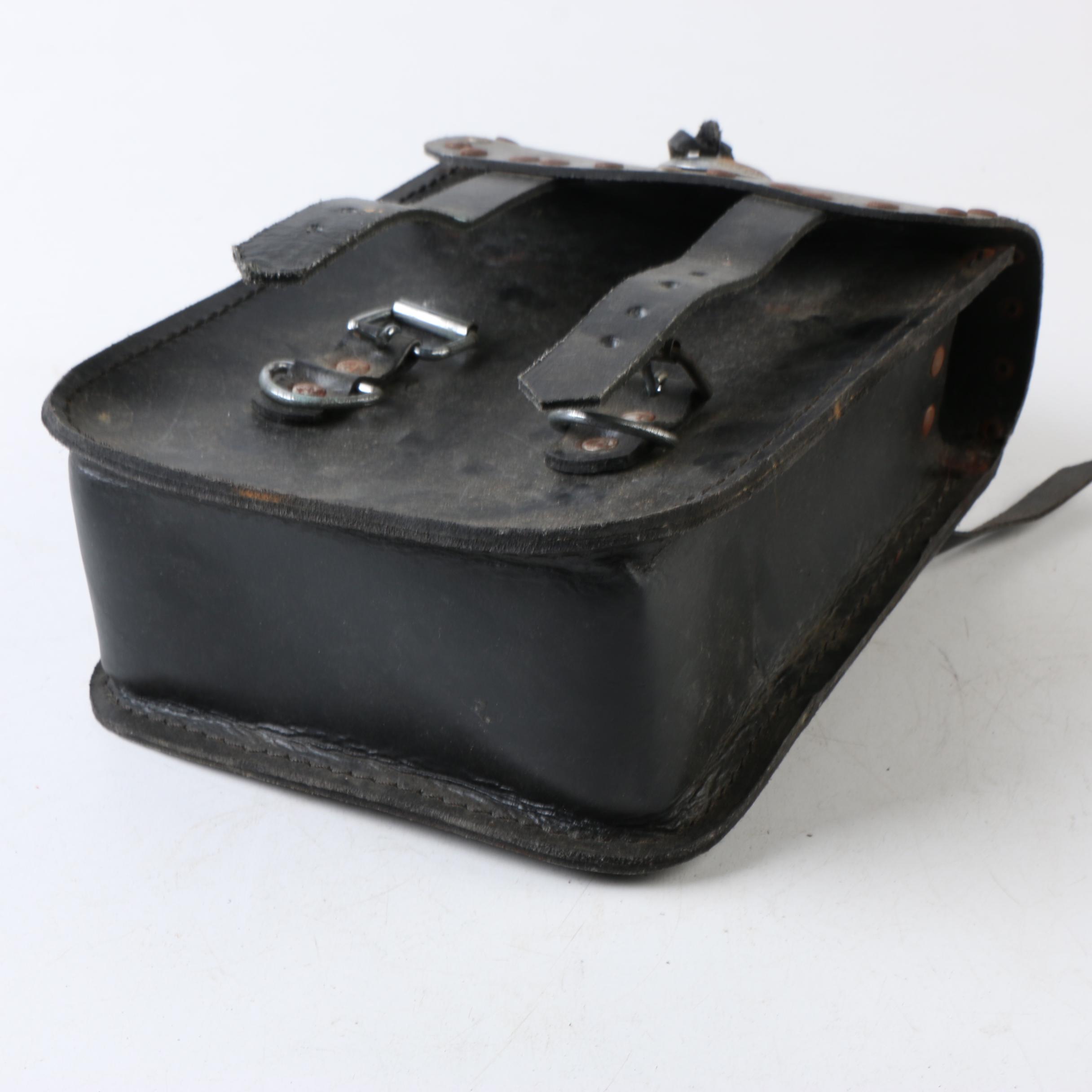 Vintage Black Leather Motorcycle Saddlebag with Silver Tone Concho and Trim