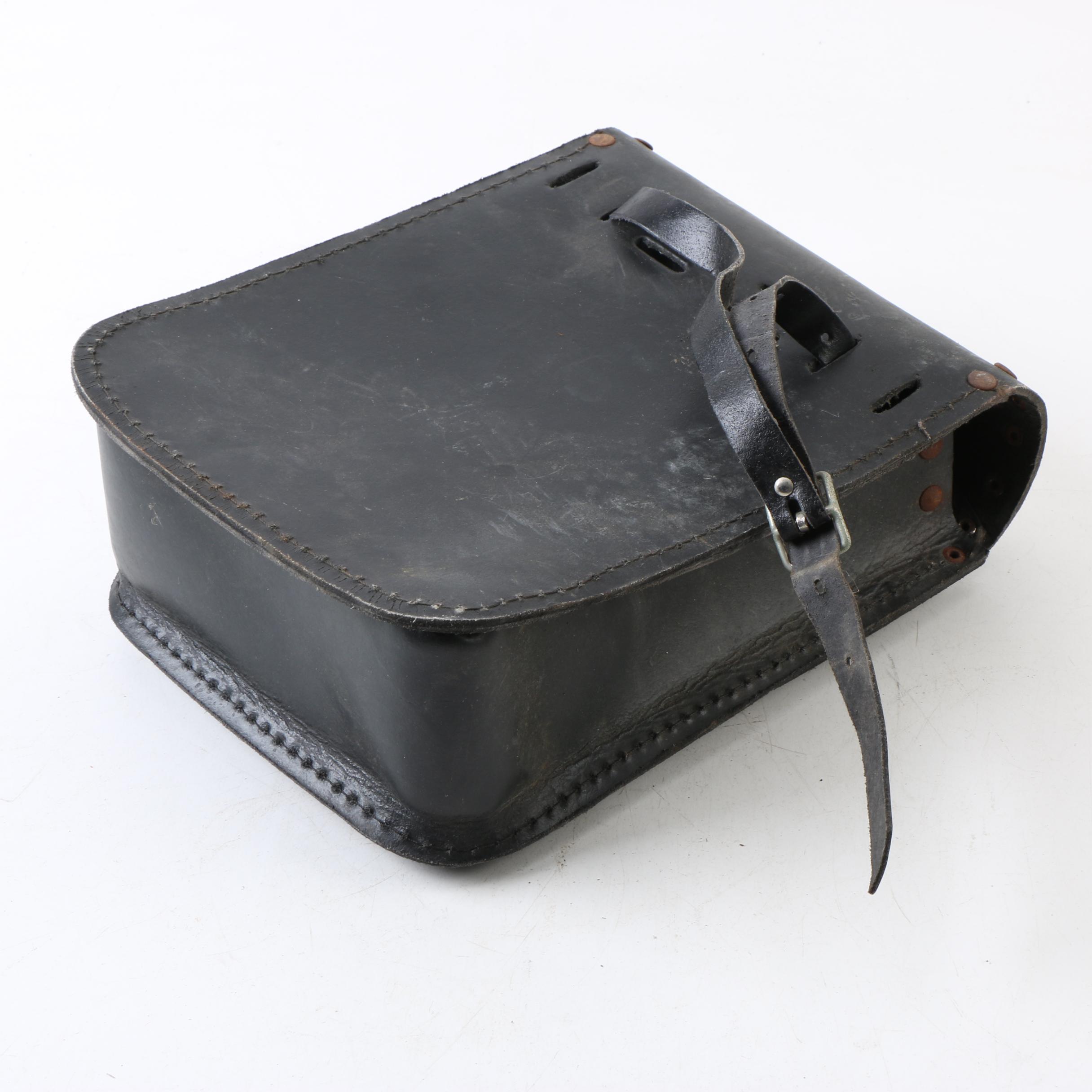 Vintage Black Leather Motorcycle Saddlebag with Silver Tone Concho and Trim