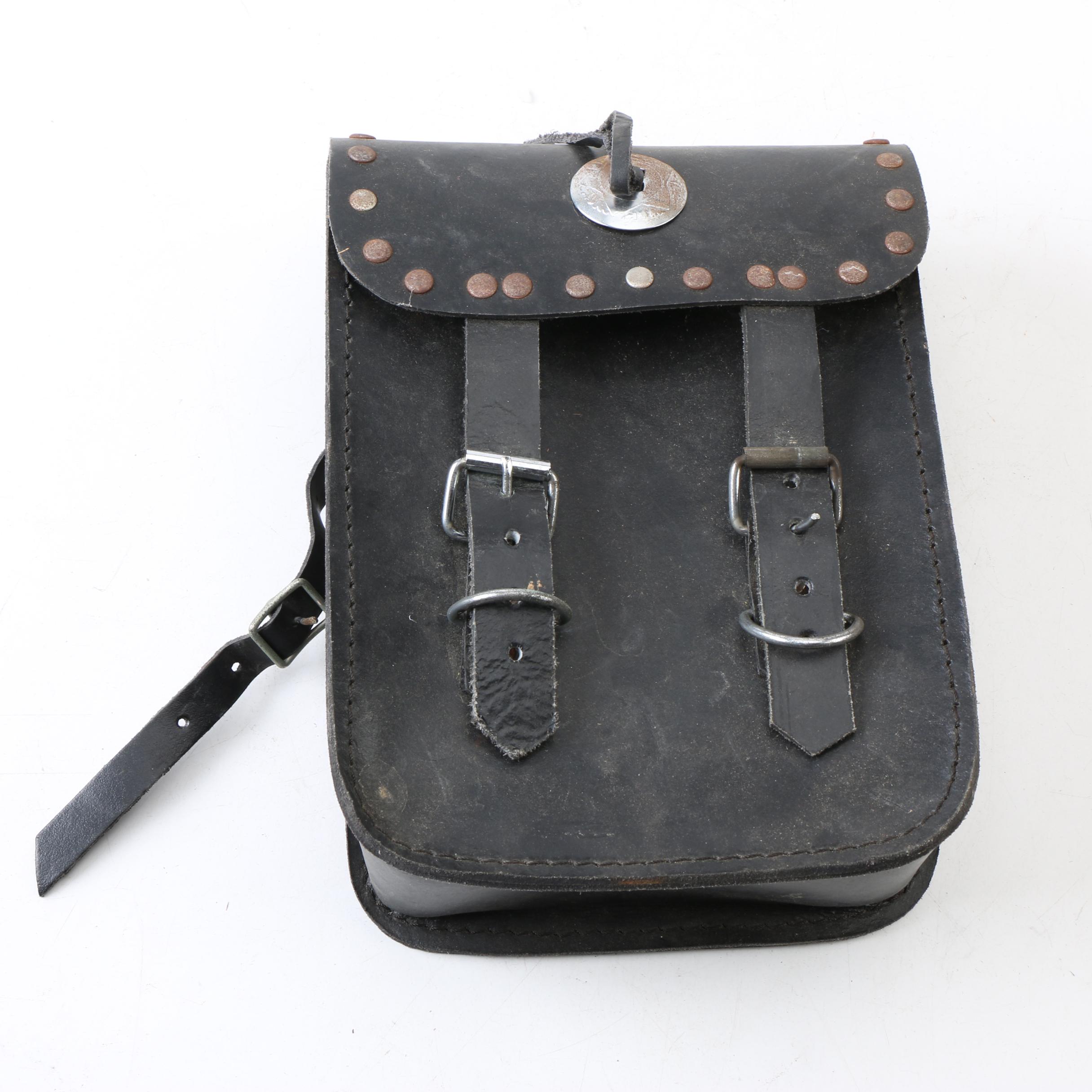 Vintage Black Leather Motorcycle Saddlebag with Silver Tone Concho and Trim