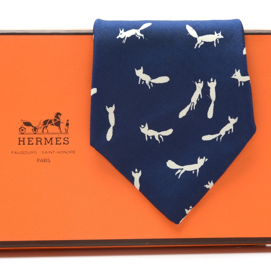 Hermès of Paris Navy Blue and White Silk Fox #378 EA Necktie