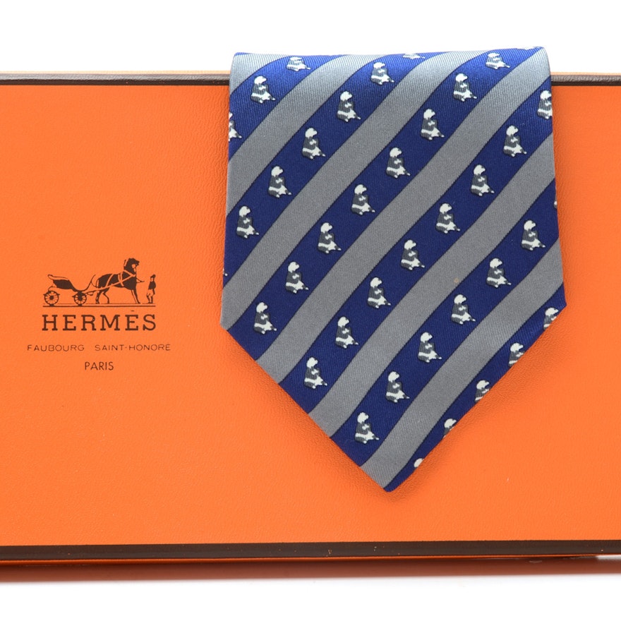 Hermès of Paris Silk Necktie with Bear in Blue and Gray Stripe, Made in France
