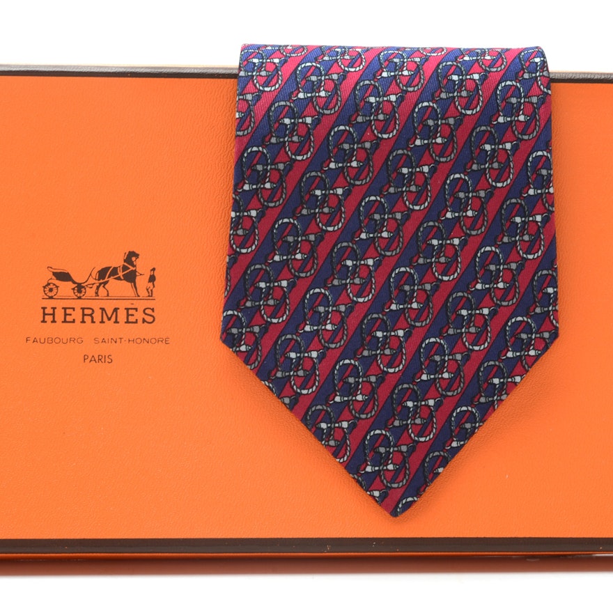 Hermès Navy Blue and Red Silk Equestrian Themed Necktie with Diagonal Stripes