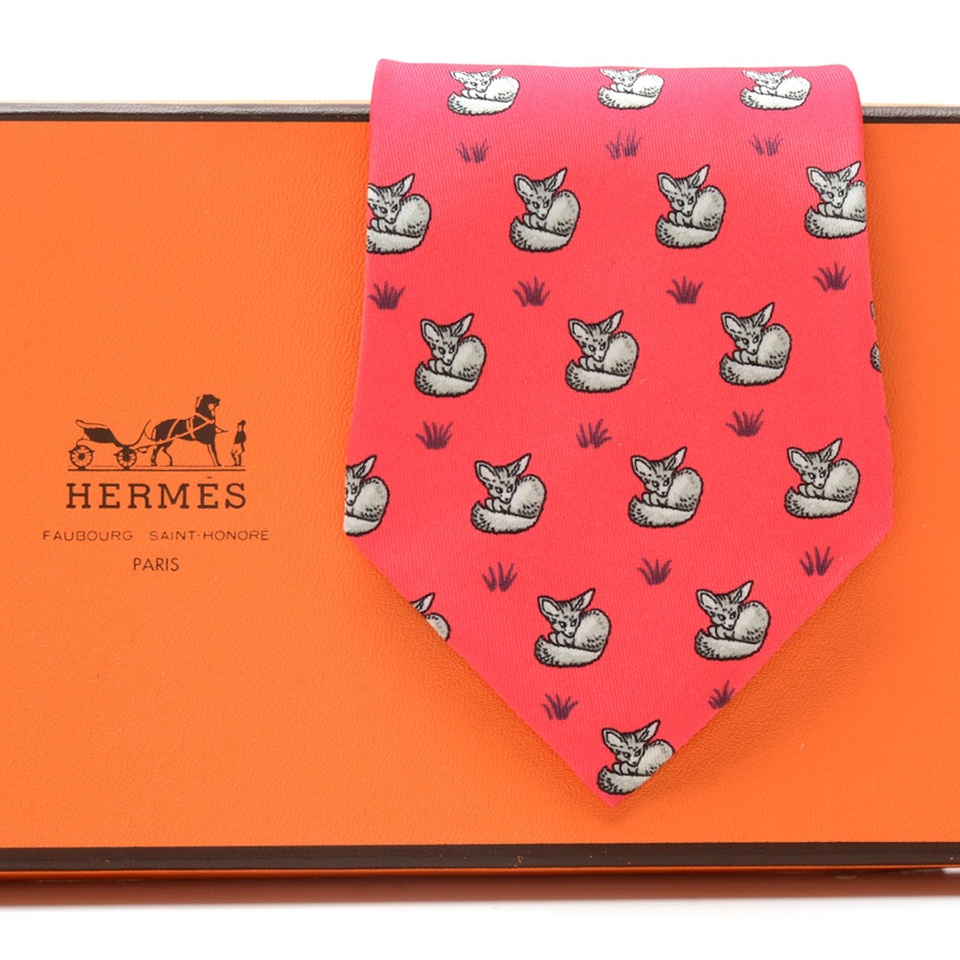 Hermès of Paris Pink Silk "Fox" Necktie, Pattern 7436 HA, Made in France