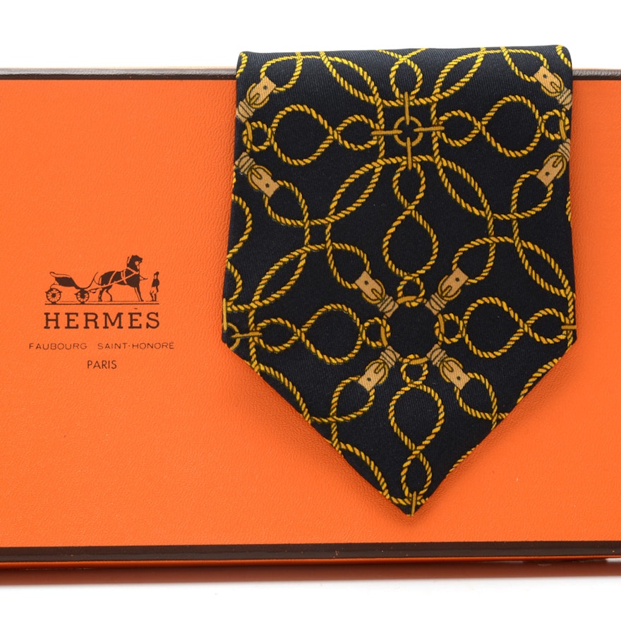 Hermès of Paris Black and Gold Silk Necktie, Pattern #496, Made in France