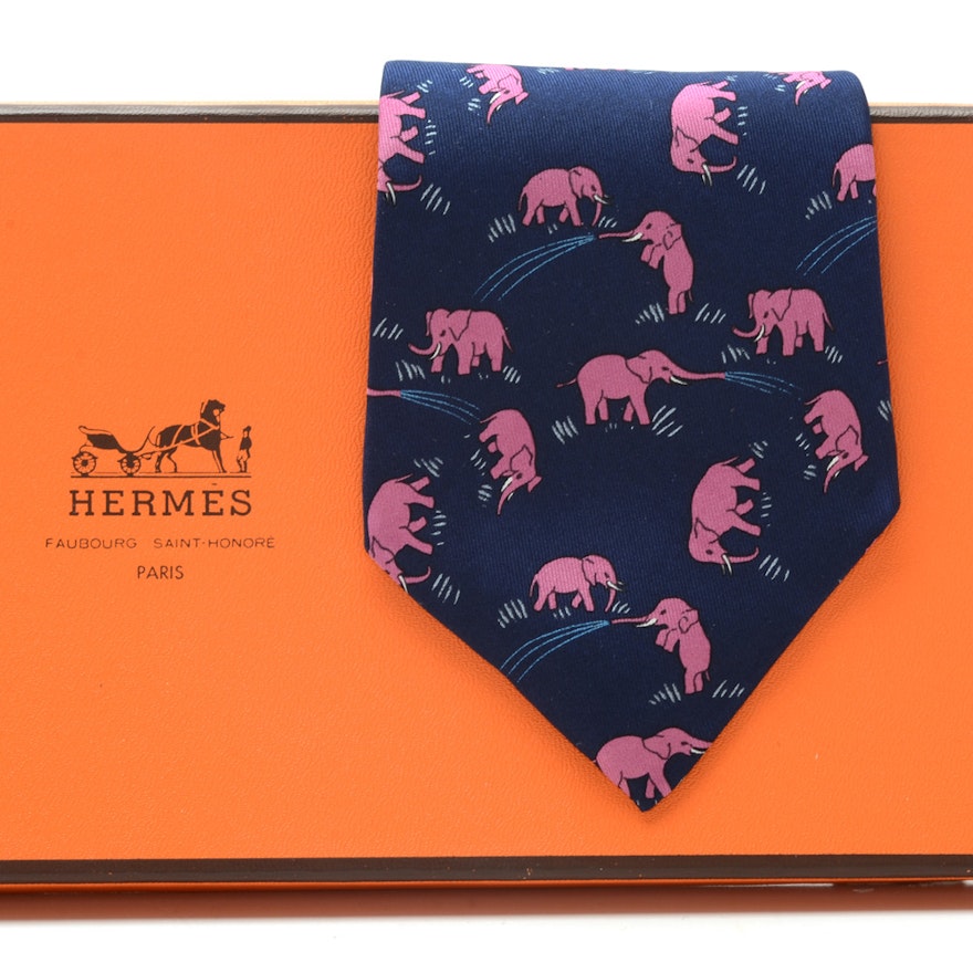 Hermès Silk Necktie with Pink Elephants, Pattern #7111OA, Made in France