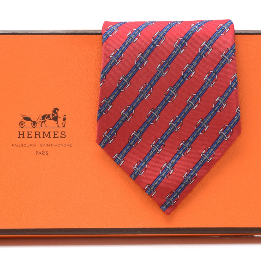 Hermès of Paris Silk Tie in Diagonal Stirrup Pattern #812 MA, Made in France