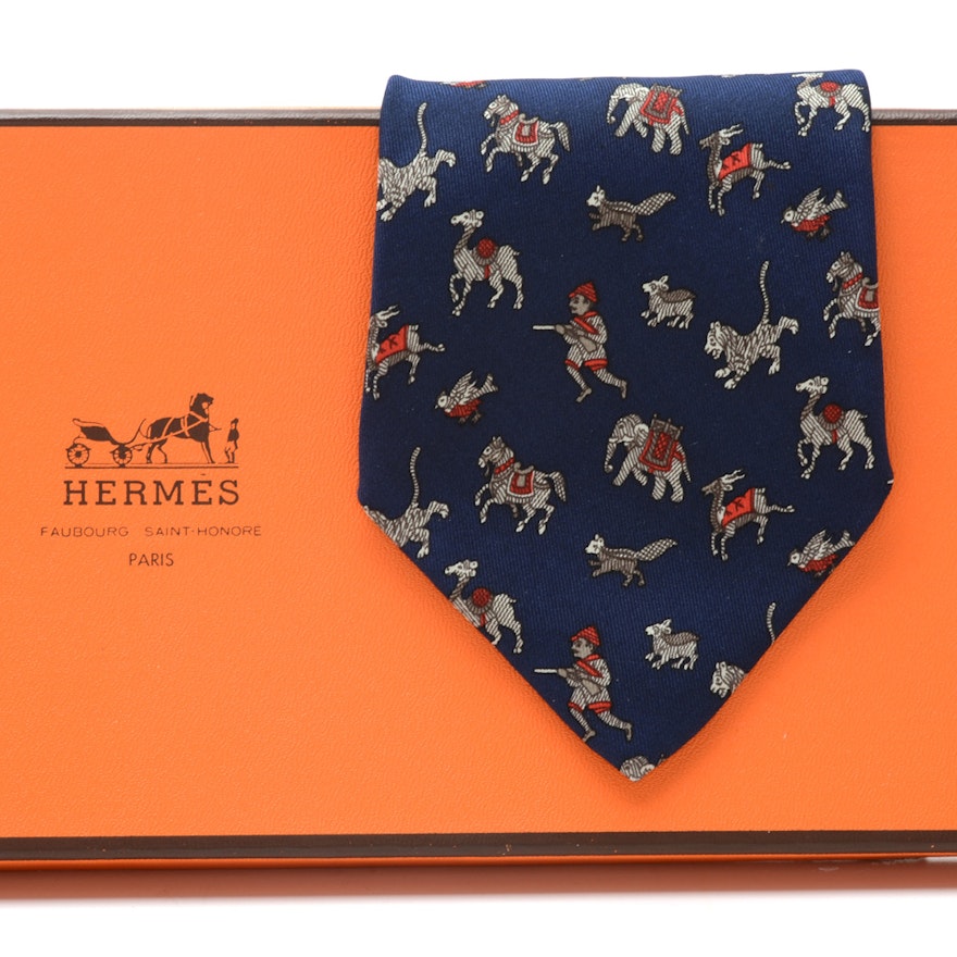 Hermès "Chasse en Inde" Navy Blue Silk Necktie, Pattern 963 IA, Made in France