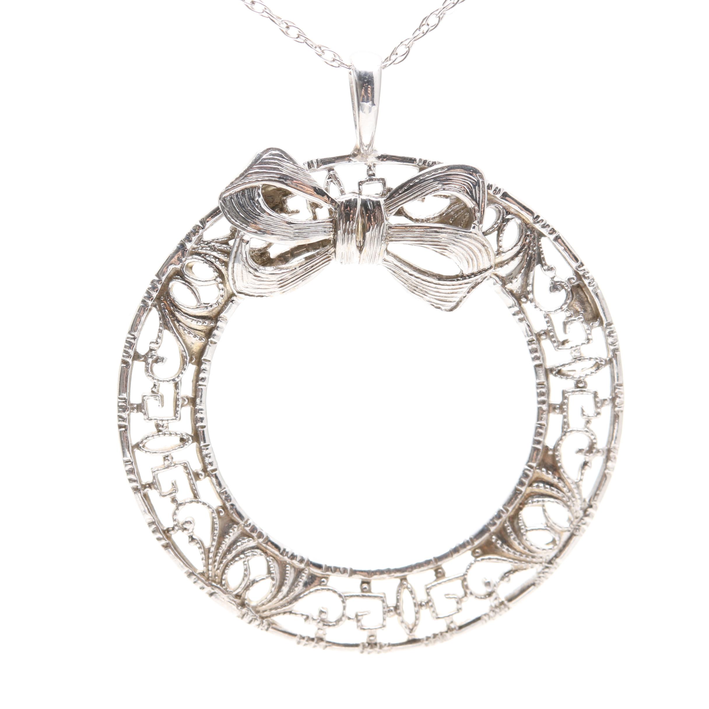Vintage 10K White Gold Wreath Pendant on Chain