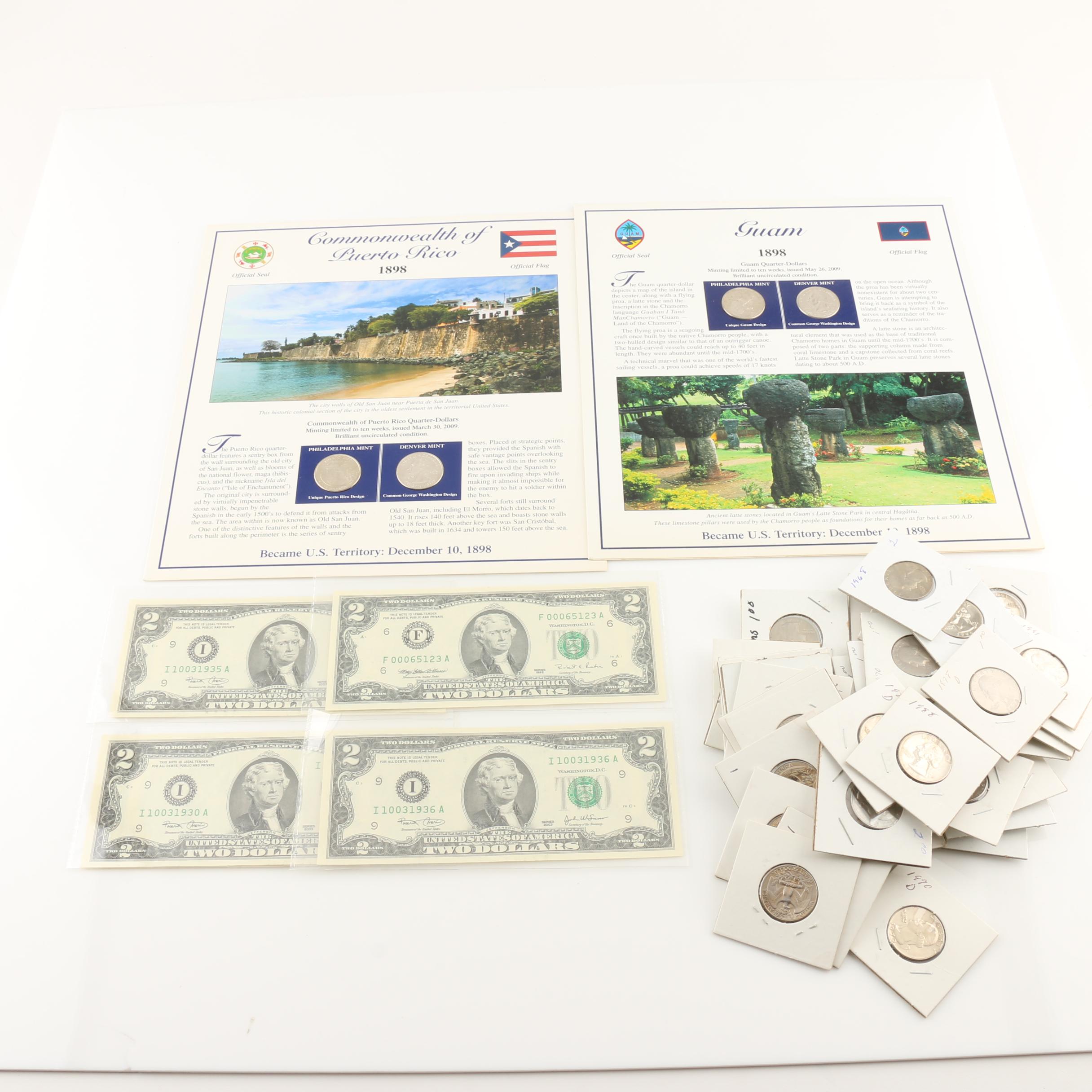 Assortment of Modern Washington Quarters and $2 Federal Reserve Notes
