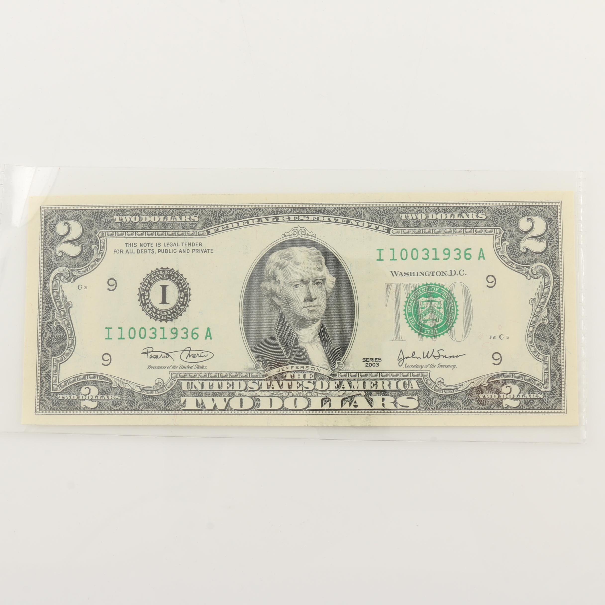 Assortment of Modern Washington Quarters and $2 Federal Reserve Notes