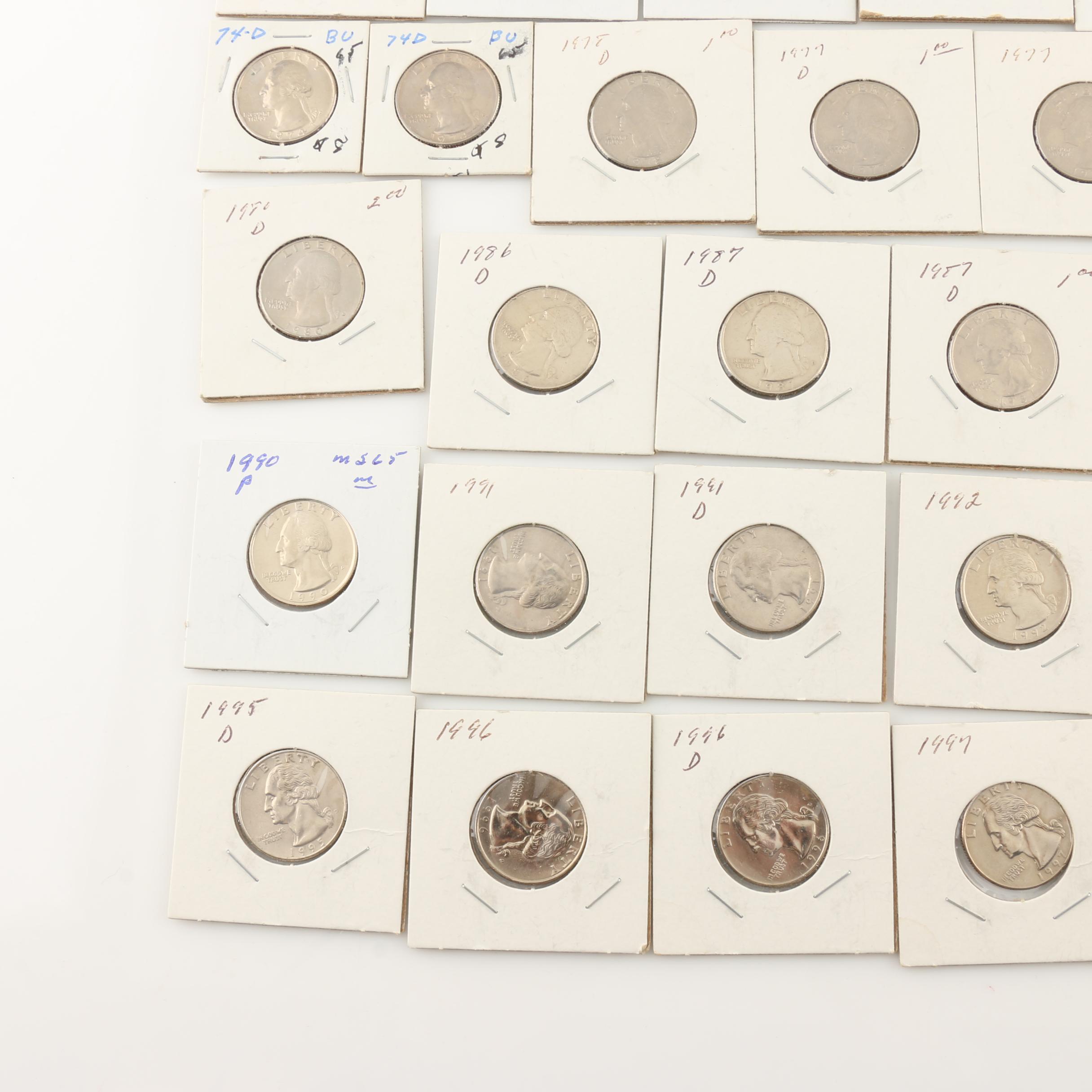Assortment of Modern Washington Quarters and $2 Federal Reserve Notes