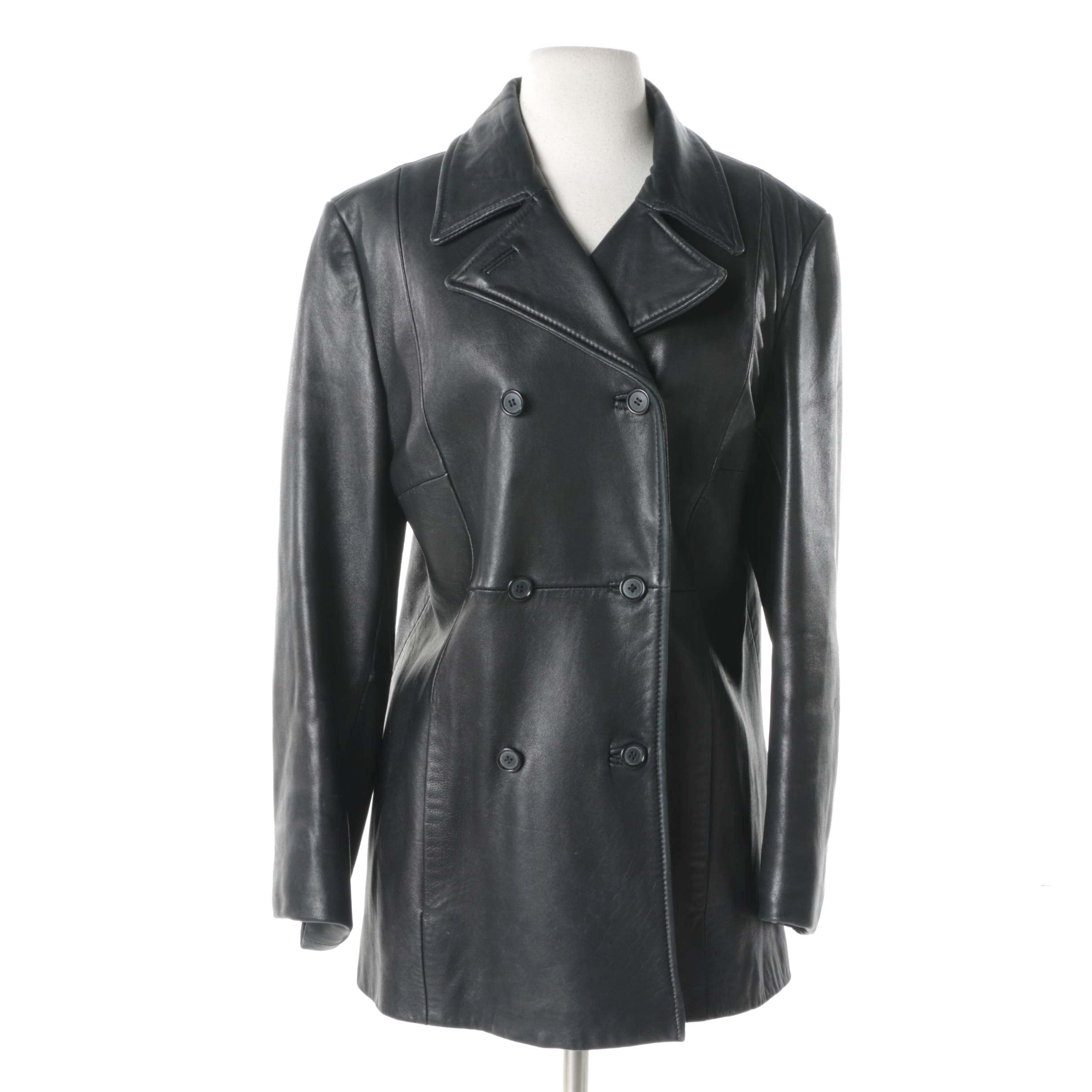 Andrew Marc Additions Black Double-Breasted Leather Jacket