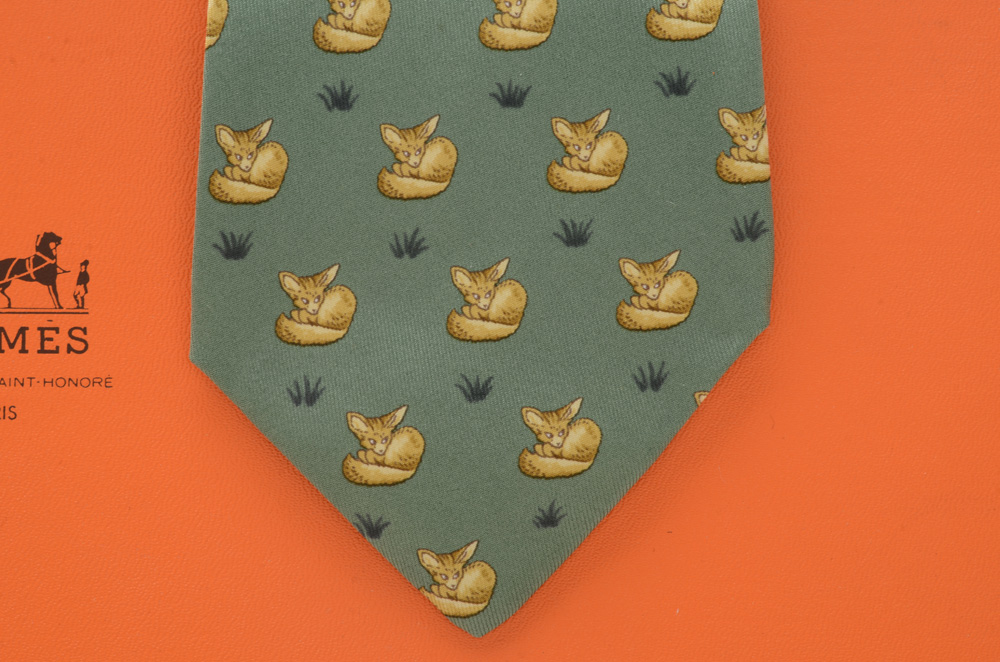 Hermès Sage Green Silk “Fox” Necktie, Pattern 7436 HA, Made in France