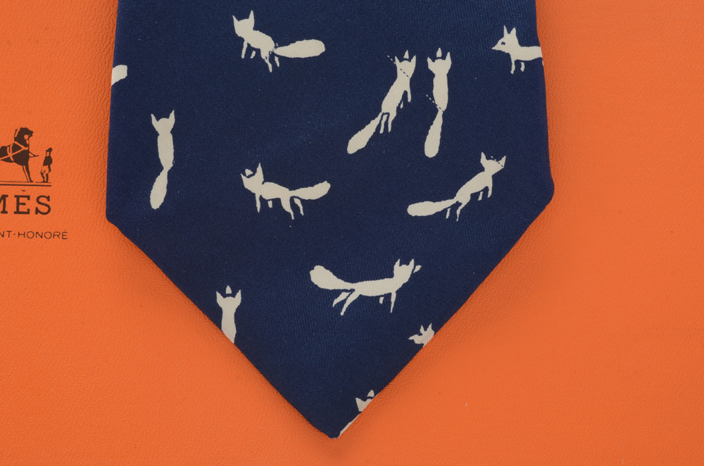 Hermès of Paris Navy Blue and White Silk Fox #378 EA Necktie