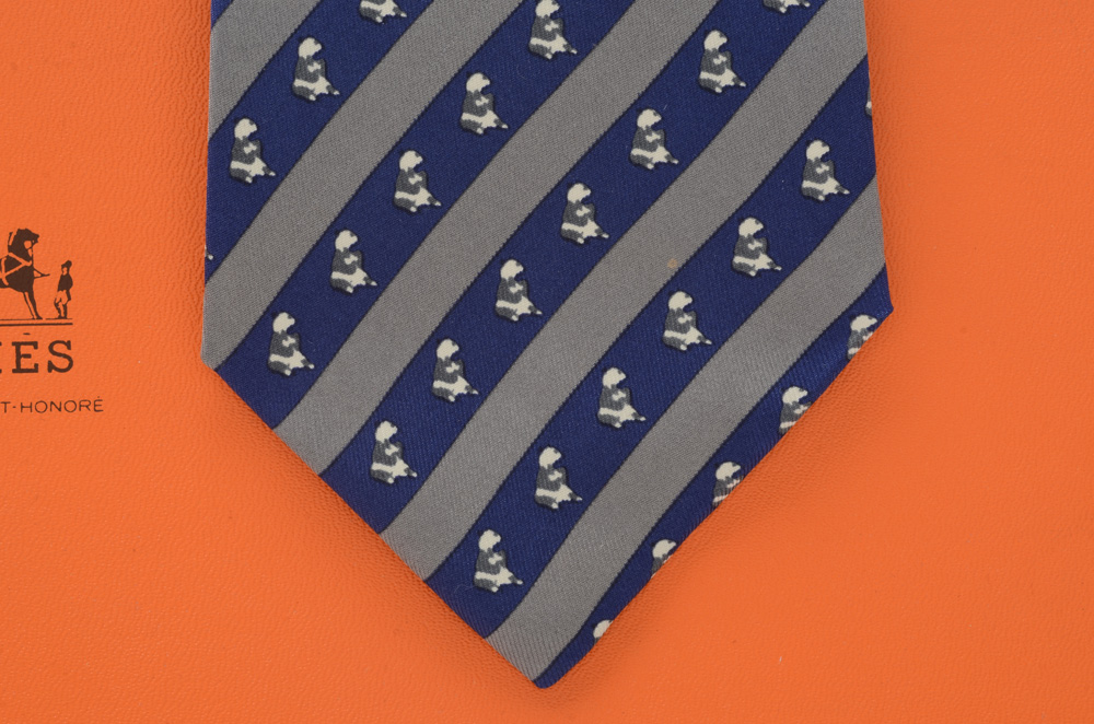 Hermès of Paris Silk Necktie with Bear in Blue and Gray Stripe, Made in France
