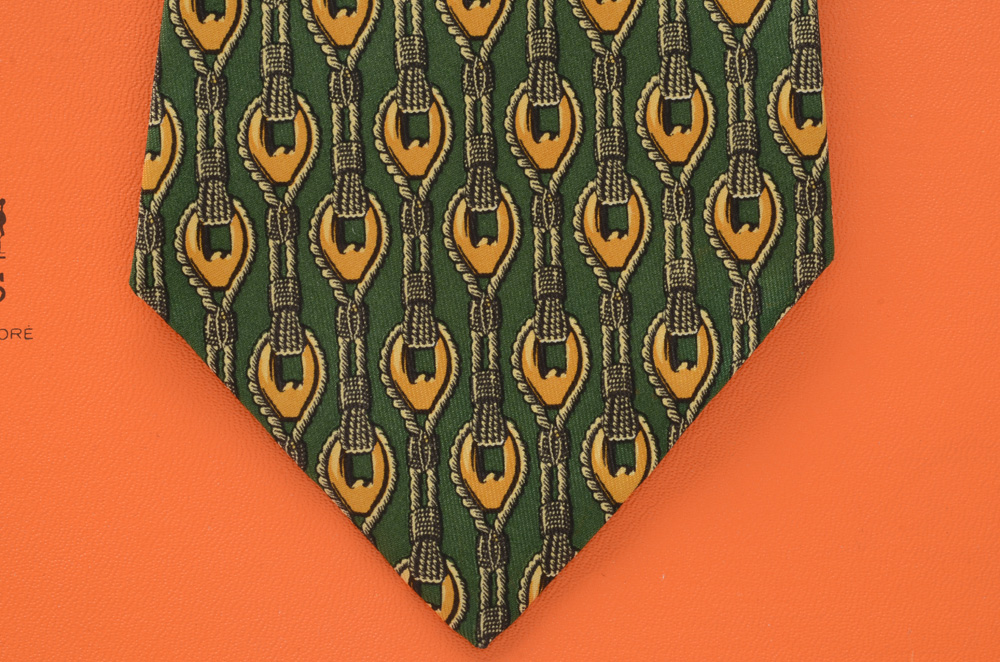 Hermès Silk Necktie in Green and Gold Rope Pattern, #619 TA, Made in France