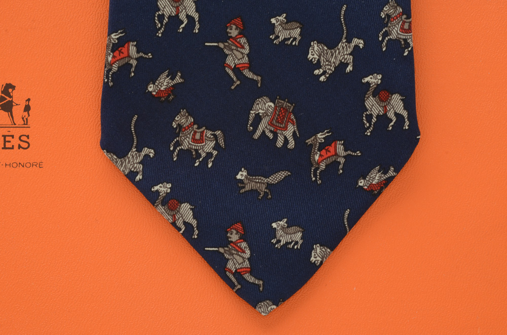 Hermès "Chasse en Inde" Navy Blue Silk Necktie, Pattern 963 IA, Made in France