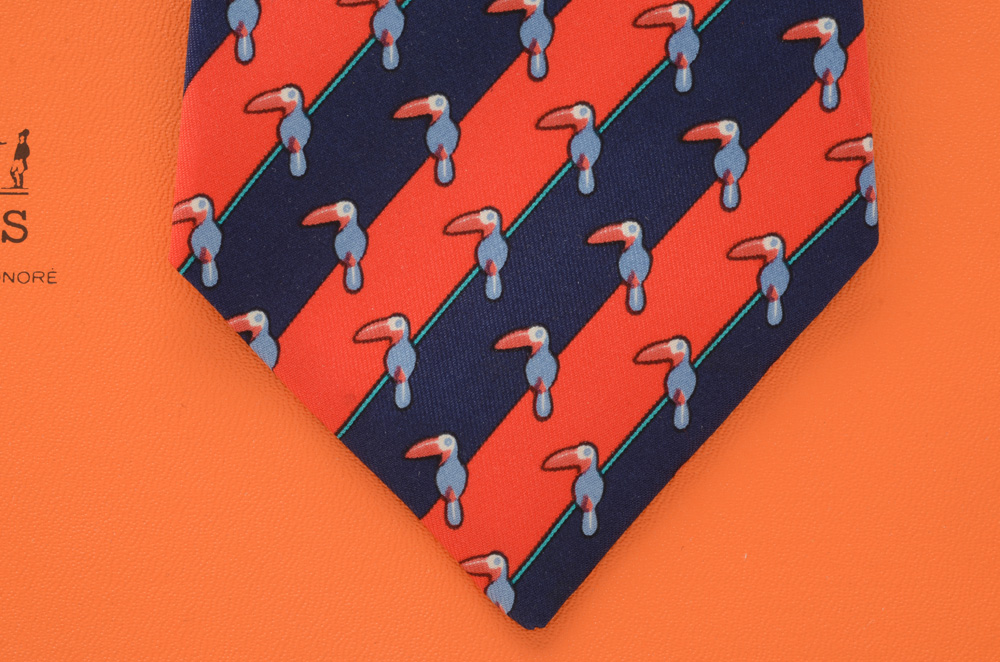 Hermès Necktie in Vibrant Stripe with Toucans, #7065 TA, Made in France
