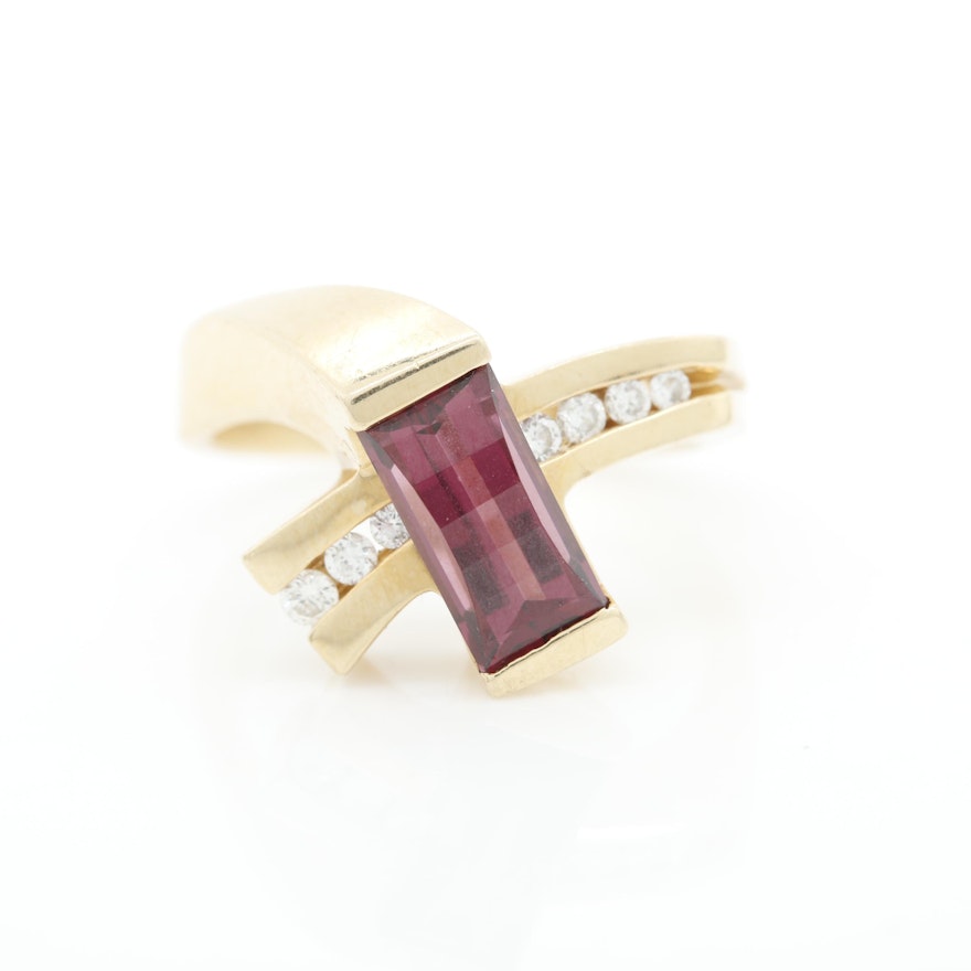 14K Yellow Gold Rhodolite Garnet and Diamond Ring