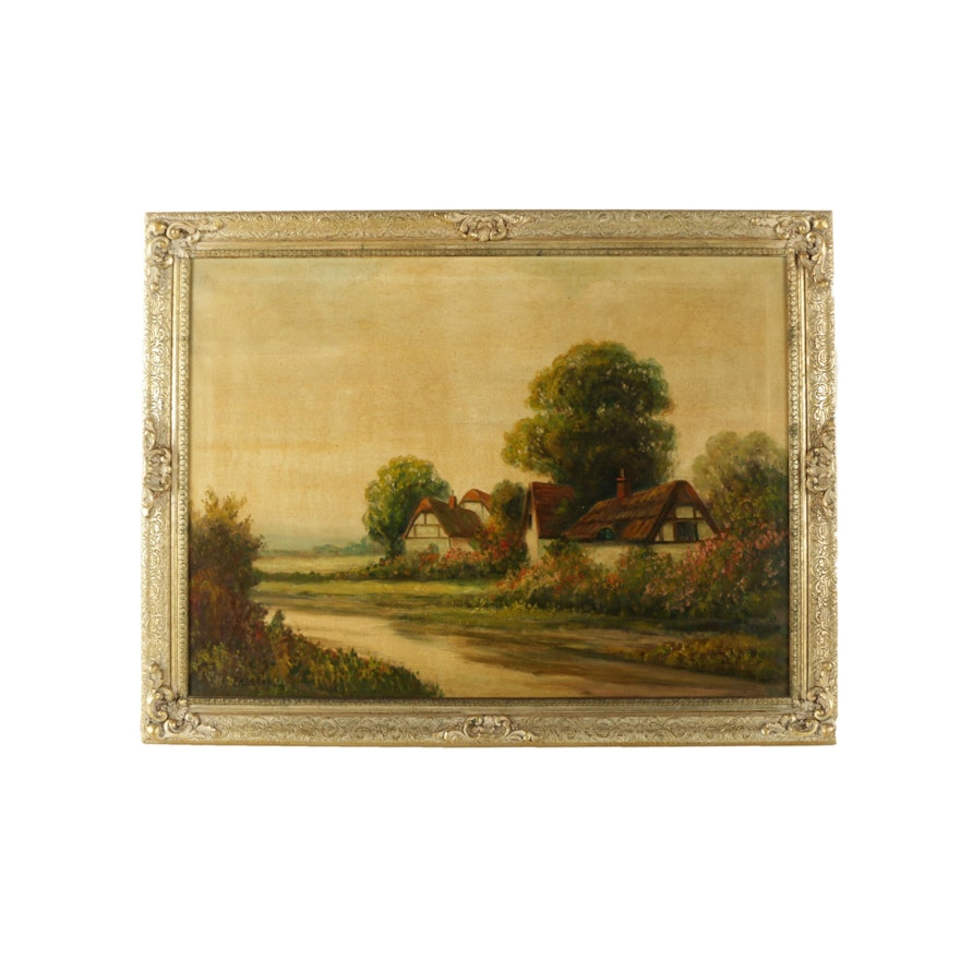 R. Emerson Oil Painting on Canvas of English Landscape with Thatched Cottages