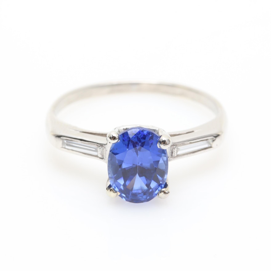 Platinum Synthetic Sapphire and Diamond Ring