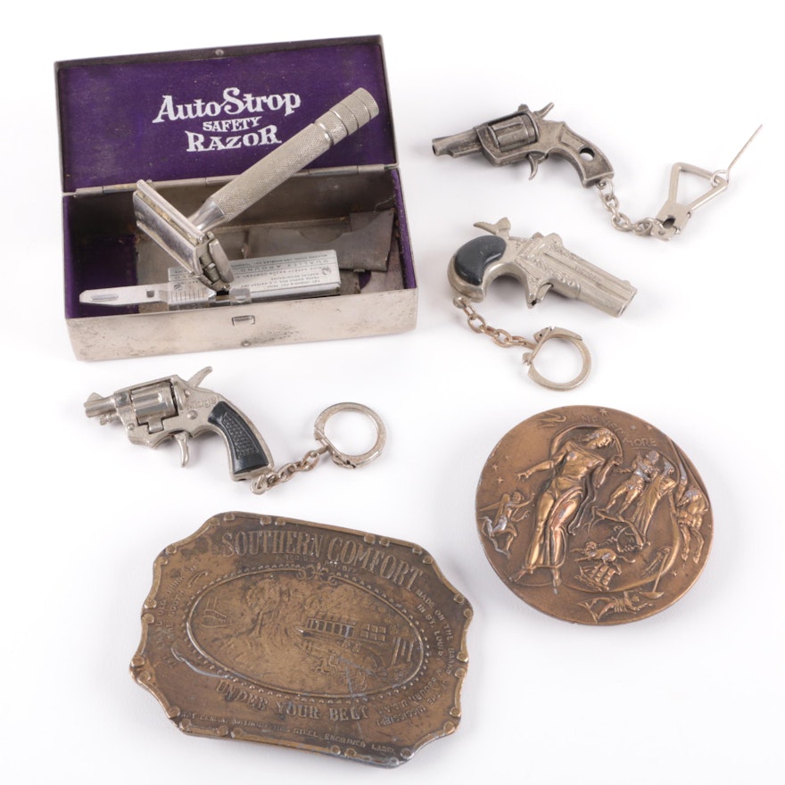 Assorted Belt Buckle, Key Rings and Razor Kit