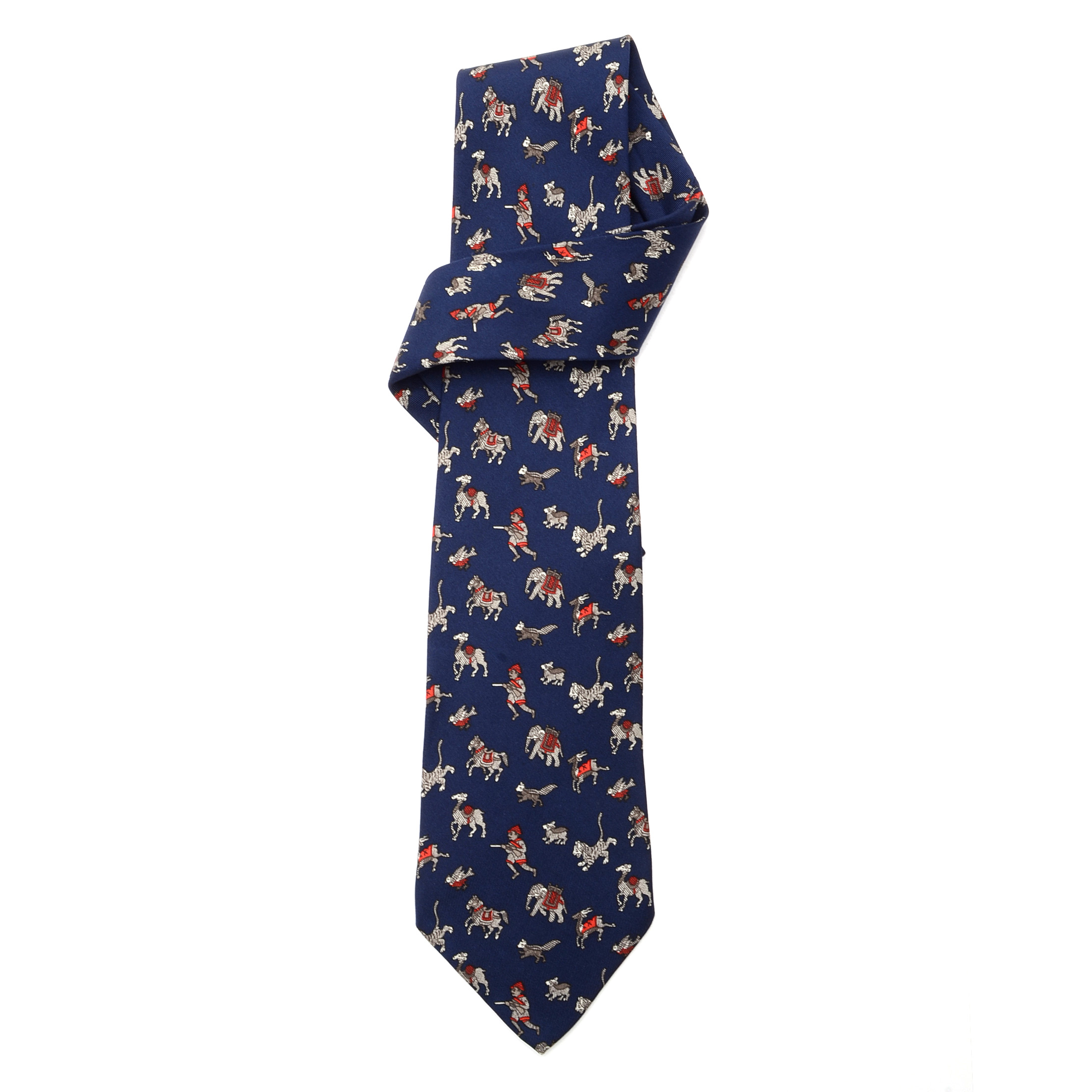 Hermès "Chasse en Inde" Navy Blue Silk Necktie, Pattern 963 IA, Made in France