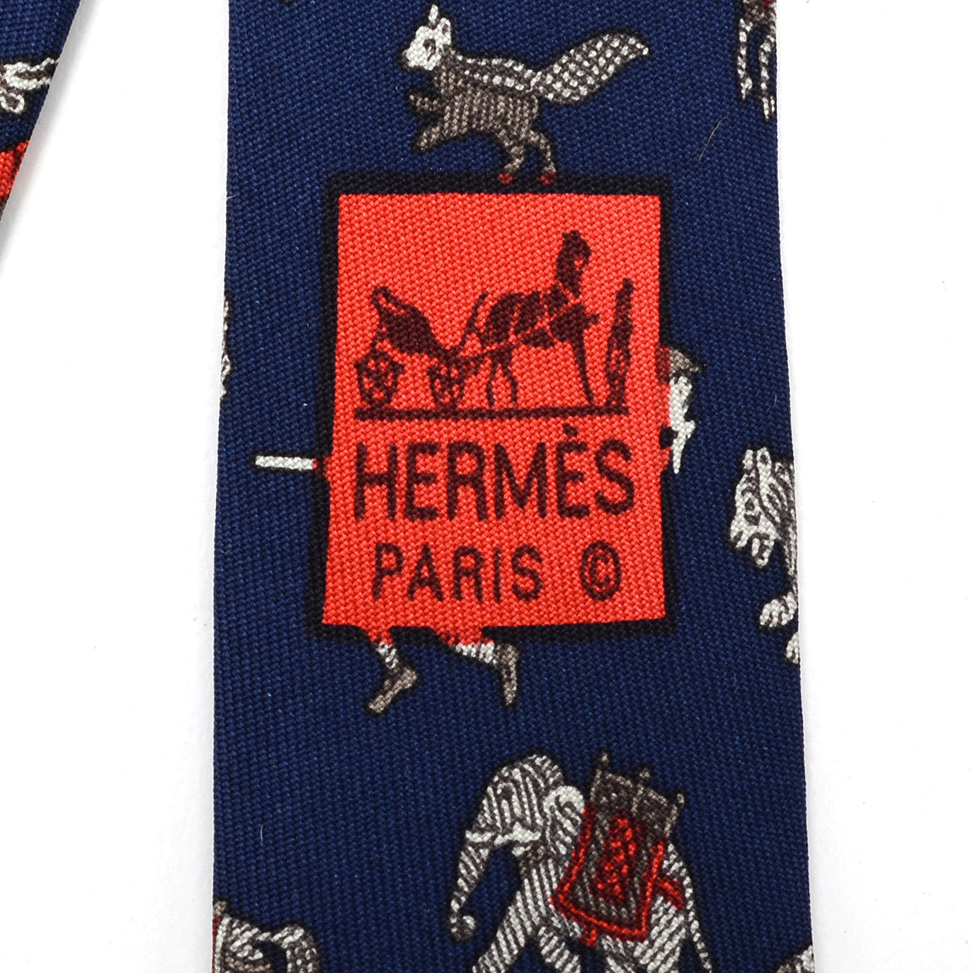 Hermès "Chasse en Inde" Navy Blue Silk Necktie, Pattern 963 IA, Made in France