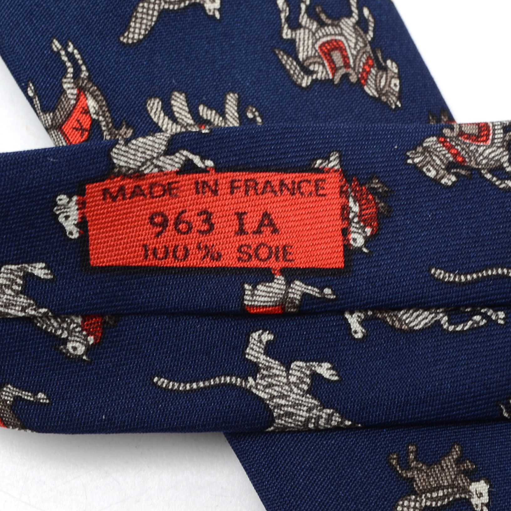 Hermès "Chasse en Inde" Navy Blue Silk Necktie, Pattern 963 IA, Made in France