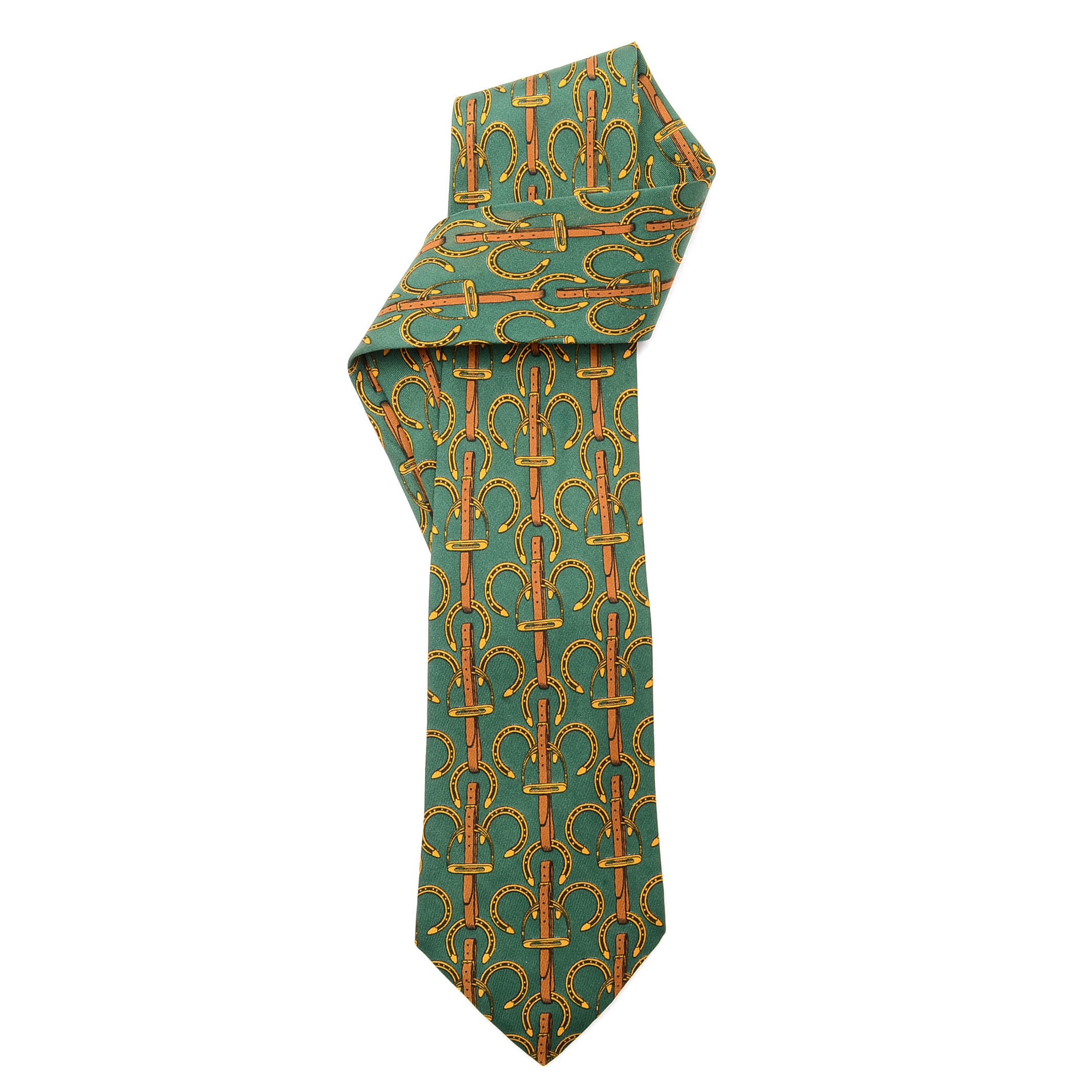 Hermès Equestrian Themed Necktie in Green and Golden Yellow, Pattern #517 IA